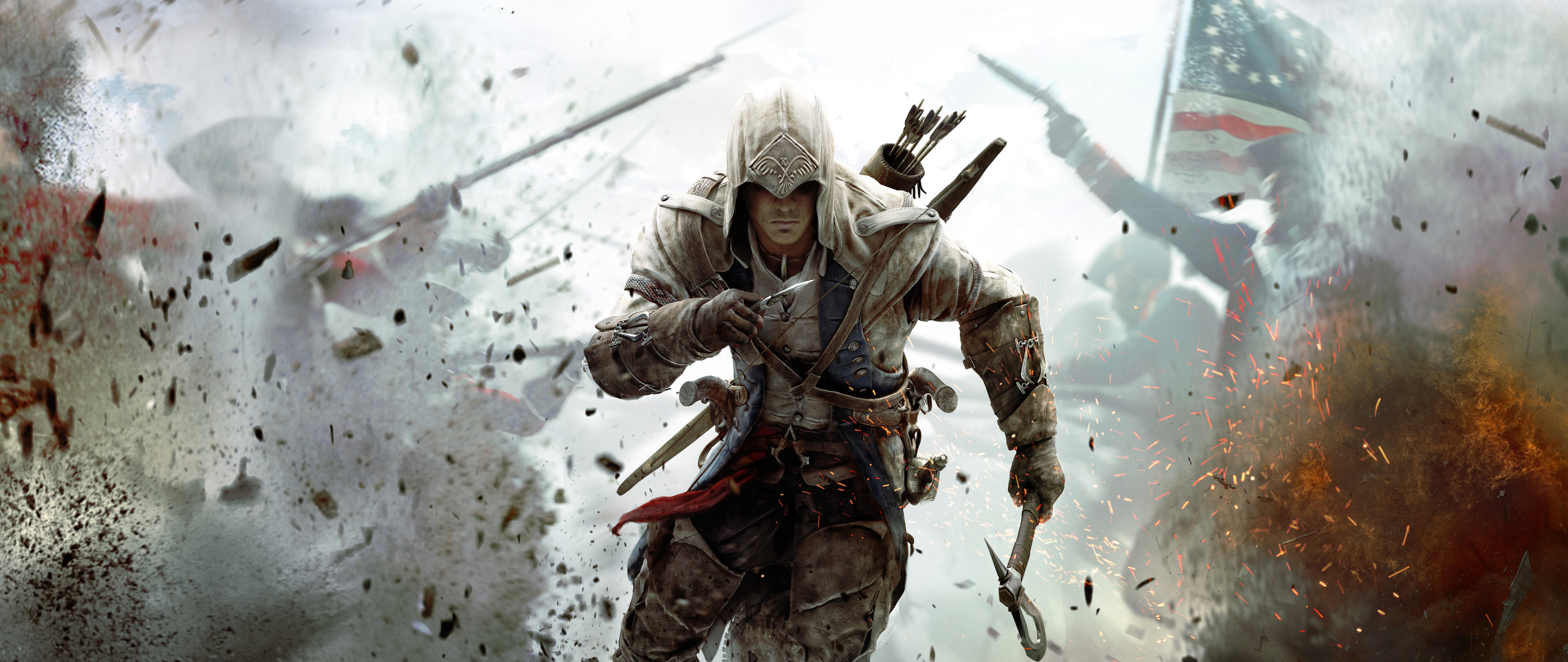 Connor Kenway, de Assassin's Creed III, vestindo suas características vestes e capuz de assassino.