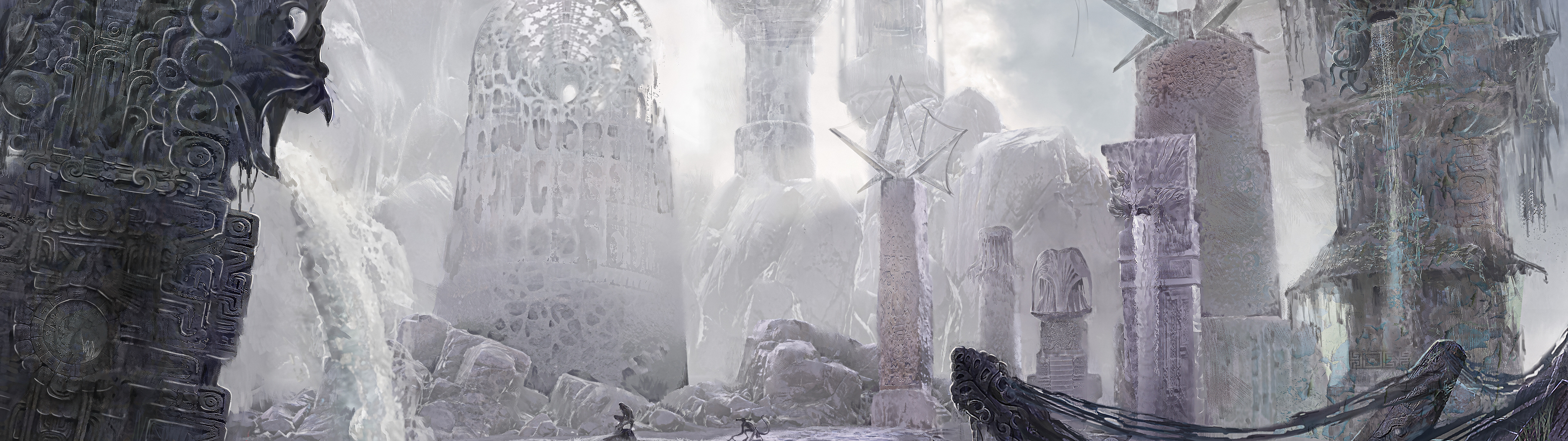 Um detetive, em pé no meio de ruínas decadentes e sinistras, sob um céu ameaçador, uma cena inspirada na atmosfera de Sherlock Holmes: The Alwaken.