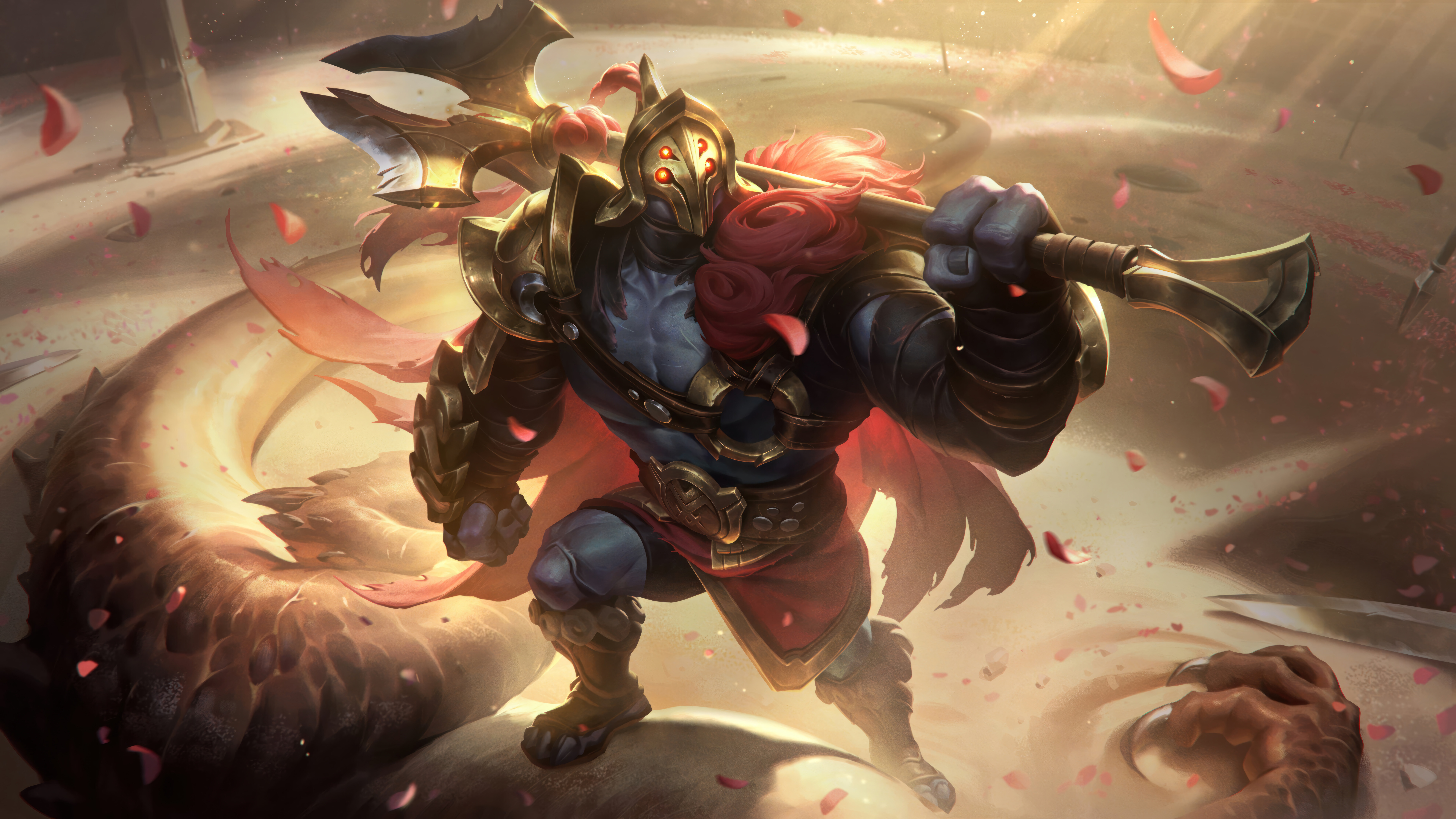 Jax, o Mestre das Armas do jogo League of Legends, preparava-se para o combate.