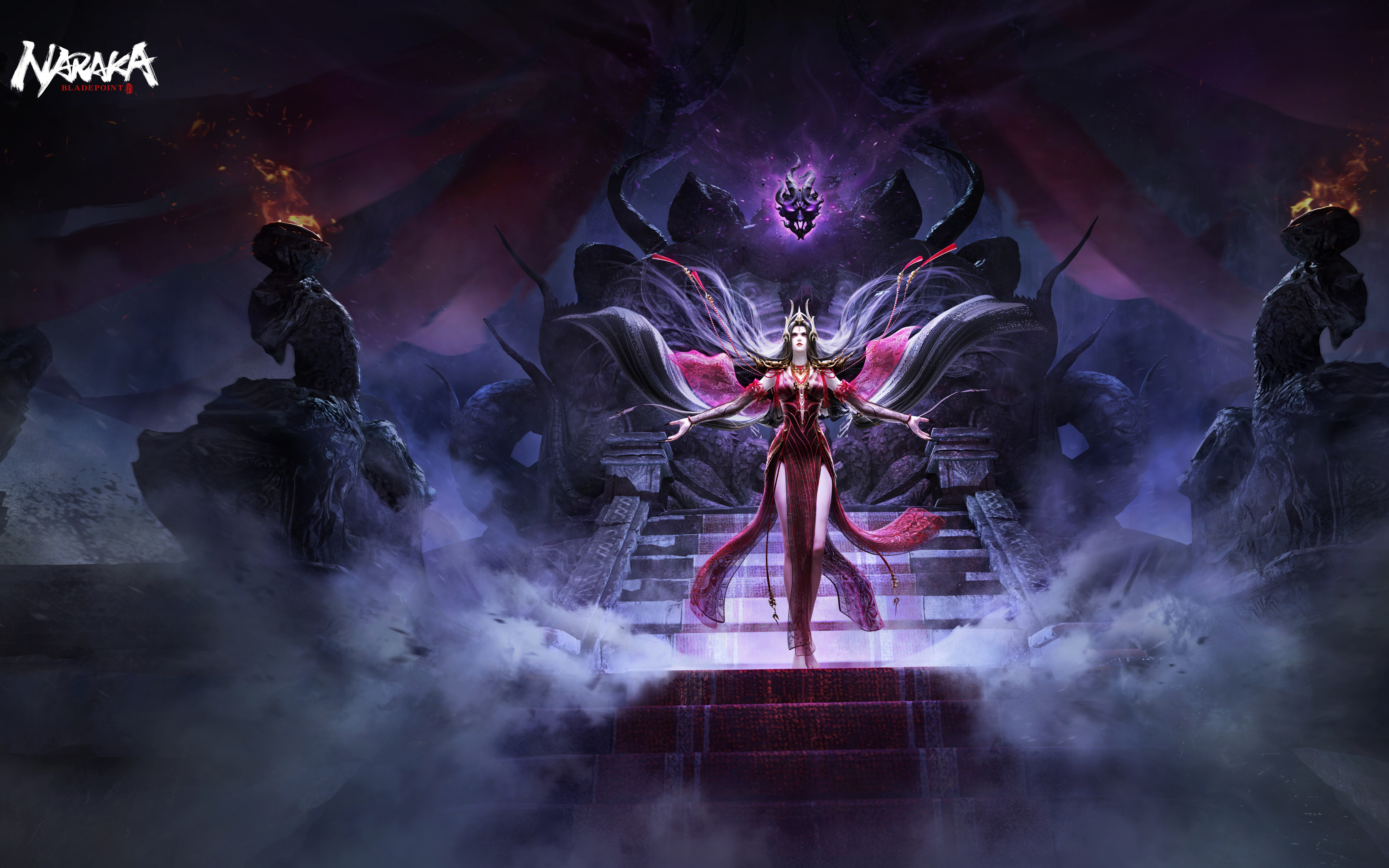 Uma misteriosa personagem bruxa, inspirada no videojogo Naraka: Bladepoint, com elementos de fantasia sombria e energia mística.