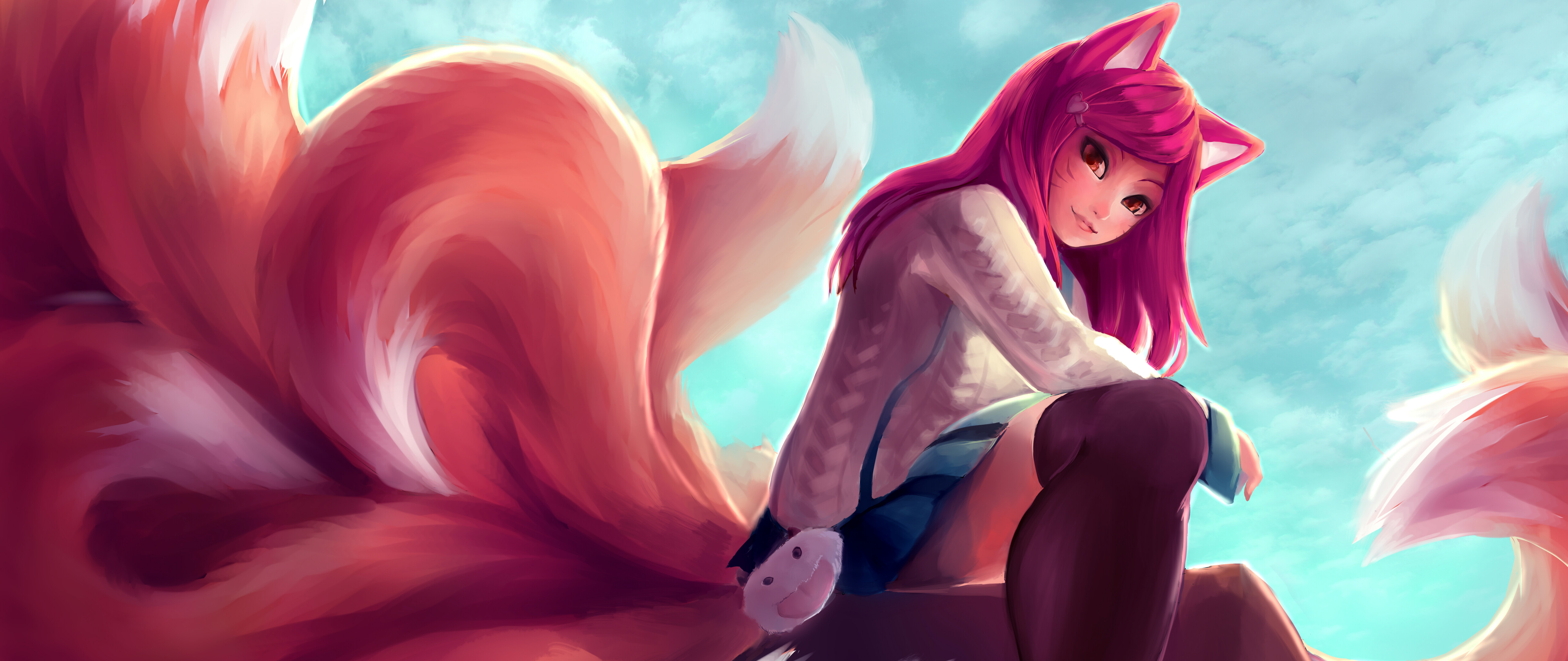 Ahri, da League of Legends, com orelhas e caudas de raposa, uma saia e meias que vão até a coxa.
