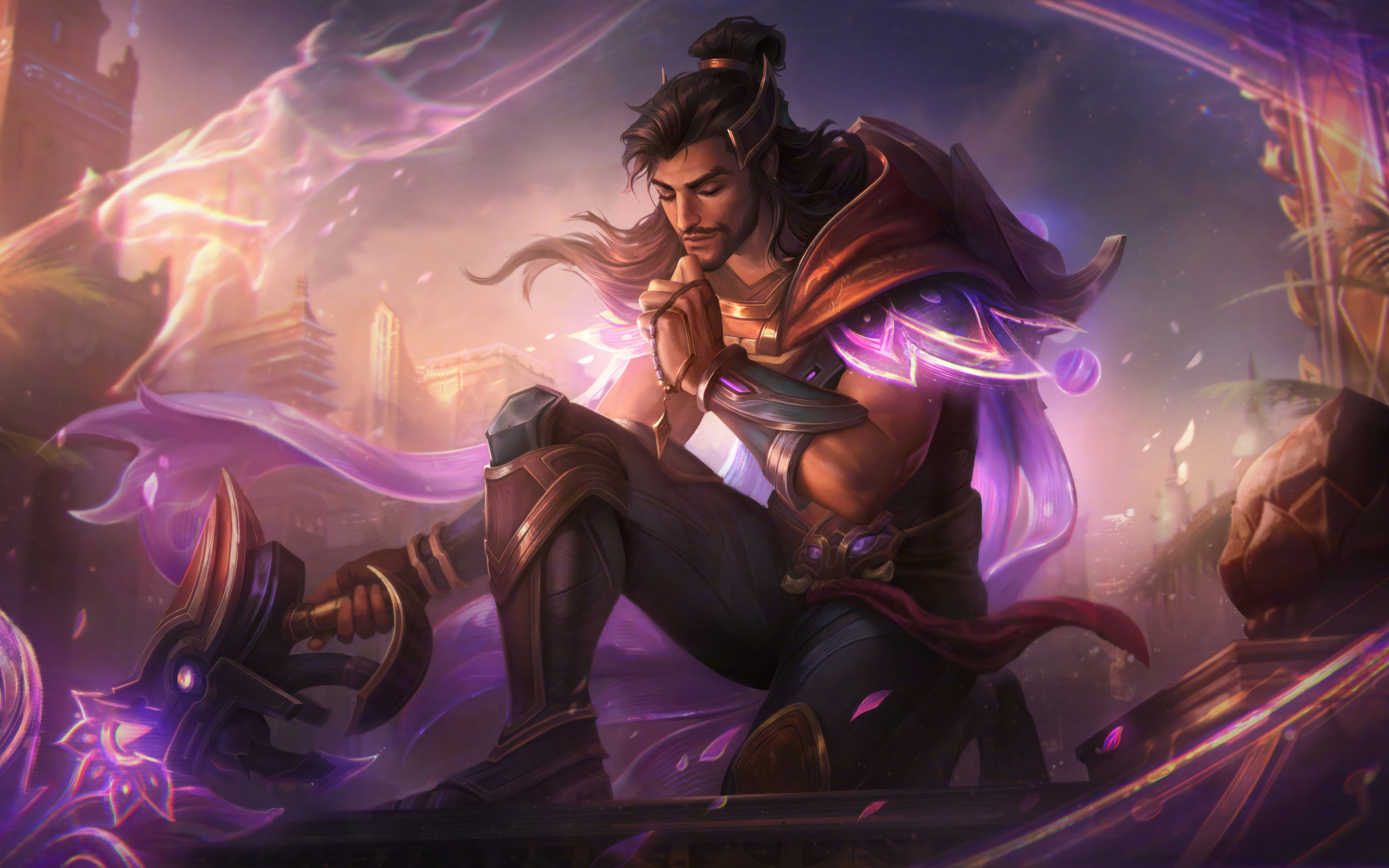 Uma representação cinematográfica de Akshan, o aventureiro de League of Legends, mostrando o seu equipamento característico.