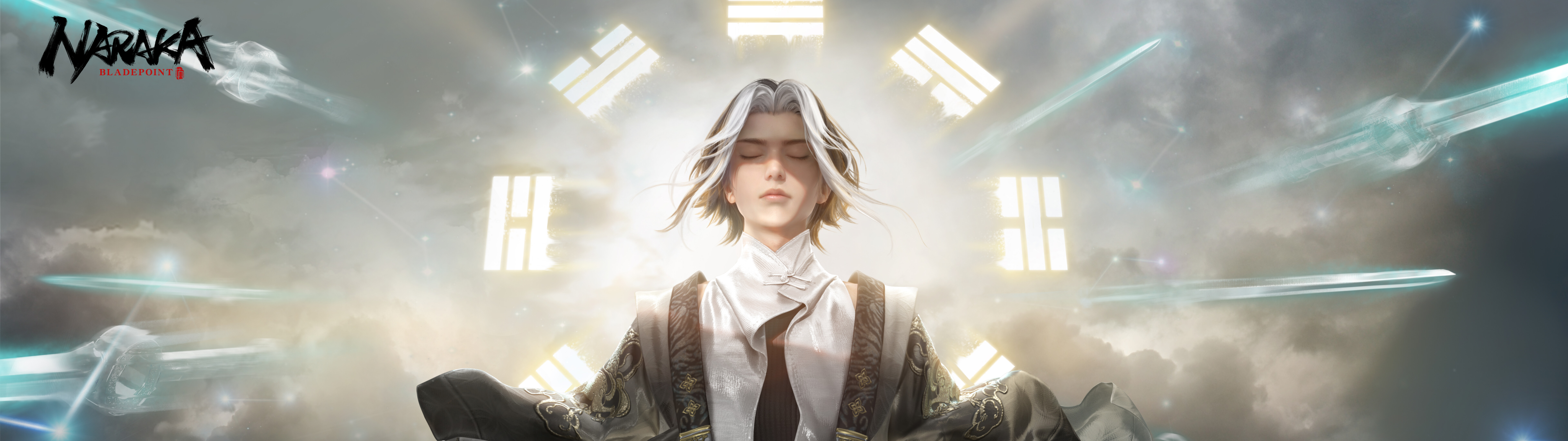 Um personagem mago do jogo Naraka: Bladepoint, realizando um feitiço mágico com efeitos de energia luminosa.