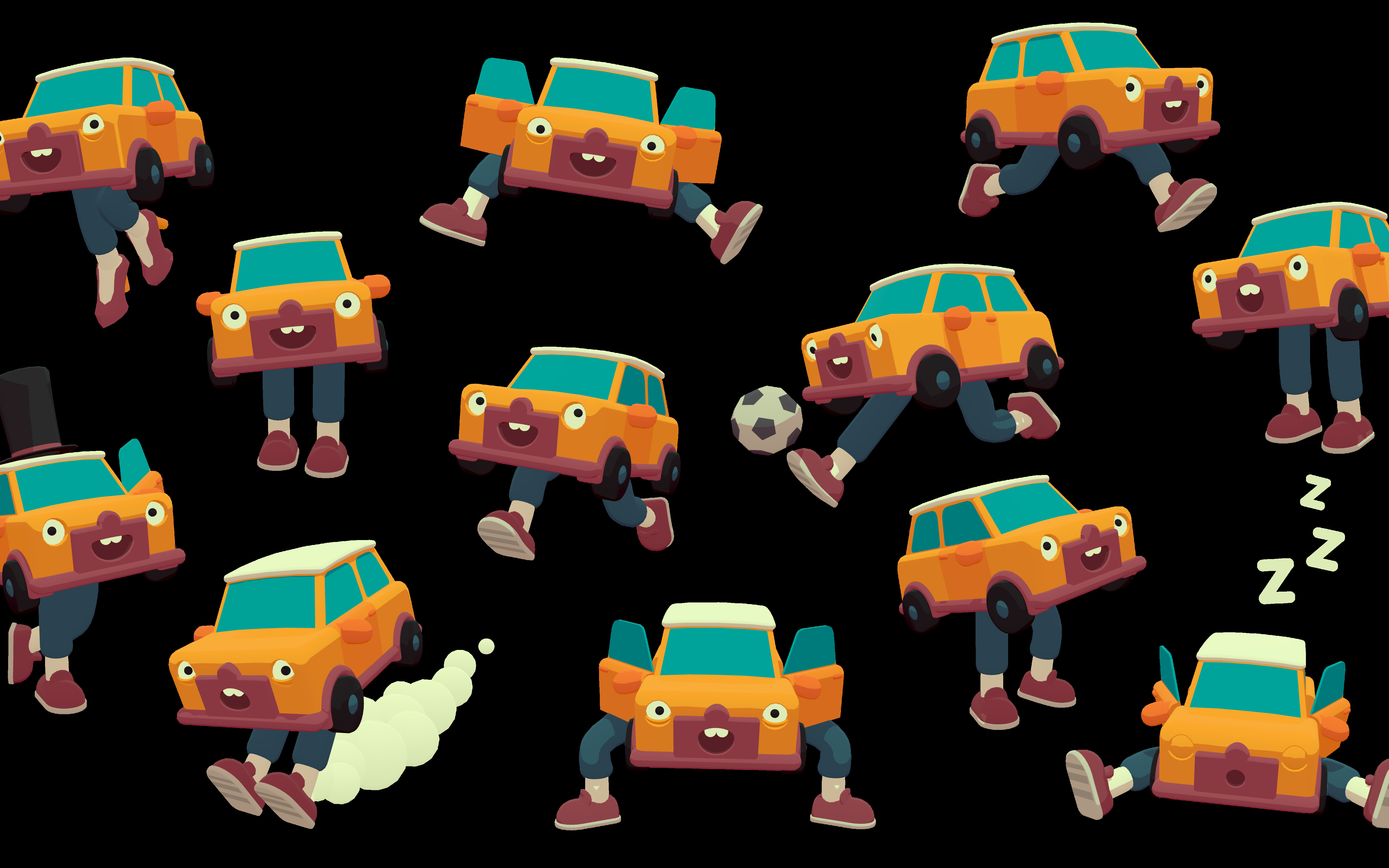 Um carro colorido e estilizado a percorrer um percurso de obstáculos caótico num videojogo que simula a física.