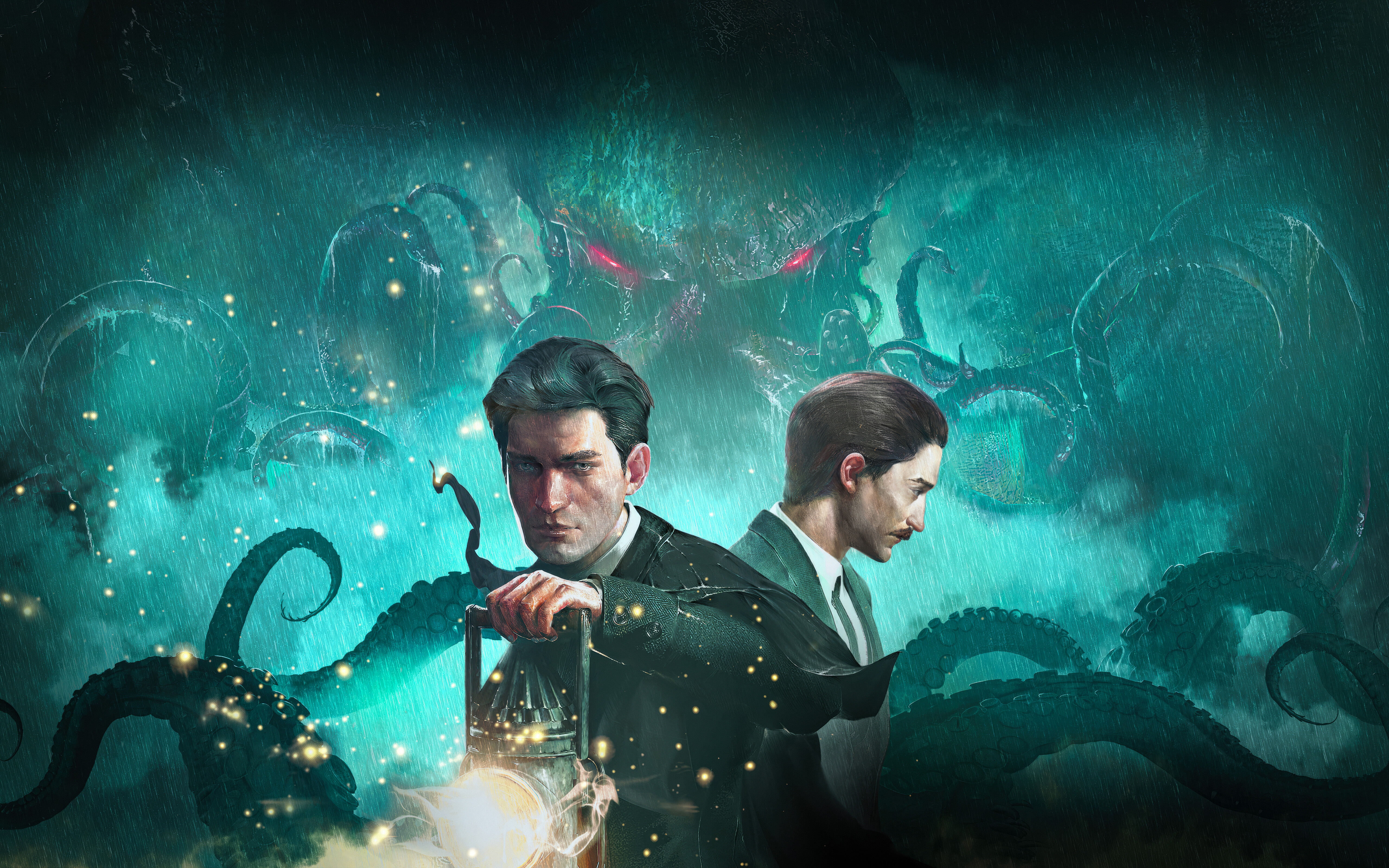 Um monstro ameaçador, com tentáculos cobertos de escamas escuras, espreita na chuva torrencial, evocando os elementos de horror cósmico de Sherlock Holmes: O Despertar.