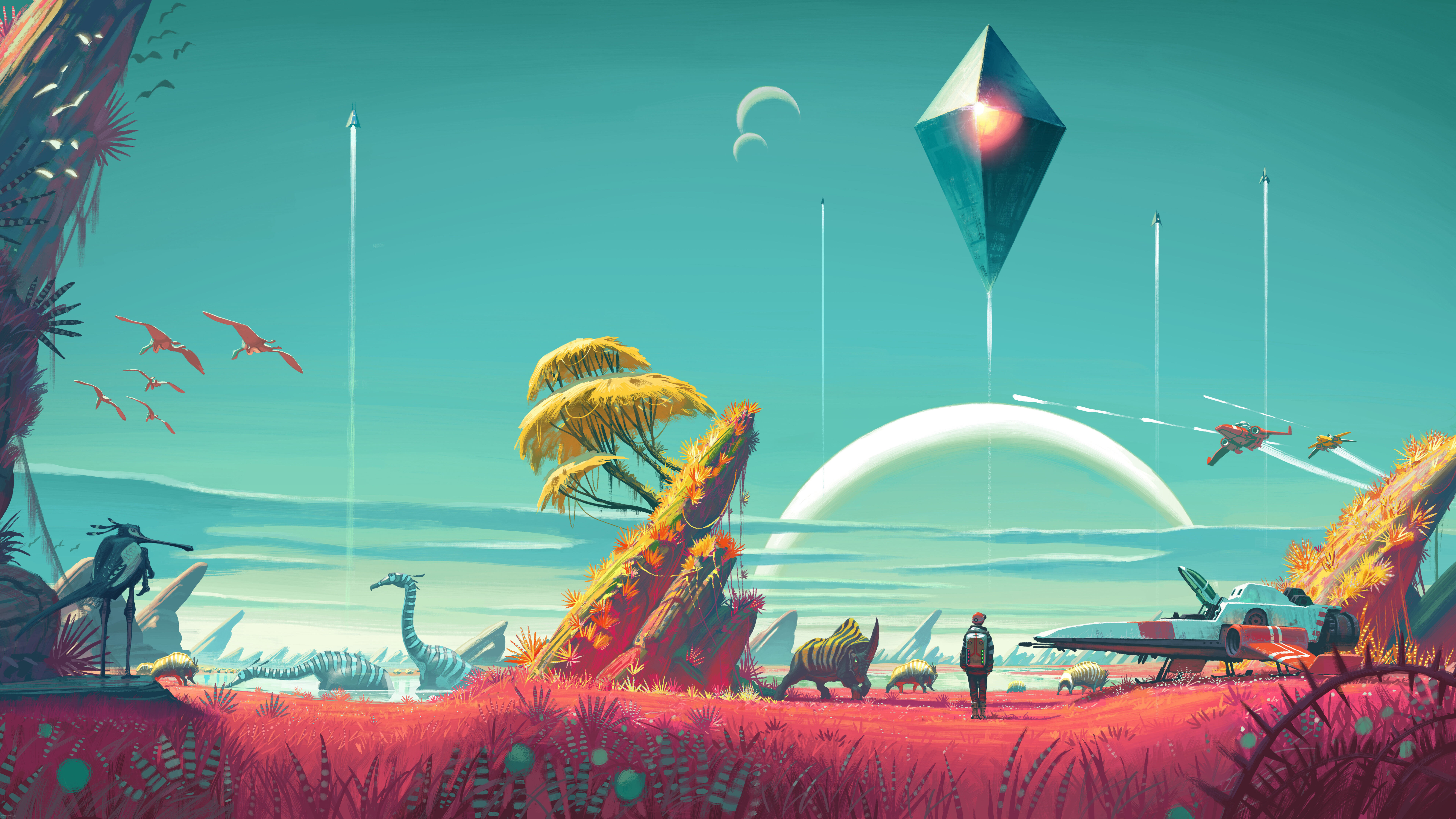 Um personagem de ficção científica, conhecido como Viajante, do jogo No Man's Sky, explorando uma paisagem colorida e exótica de um planeta alienígena, com vegetação incomum.