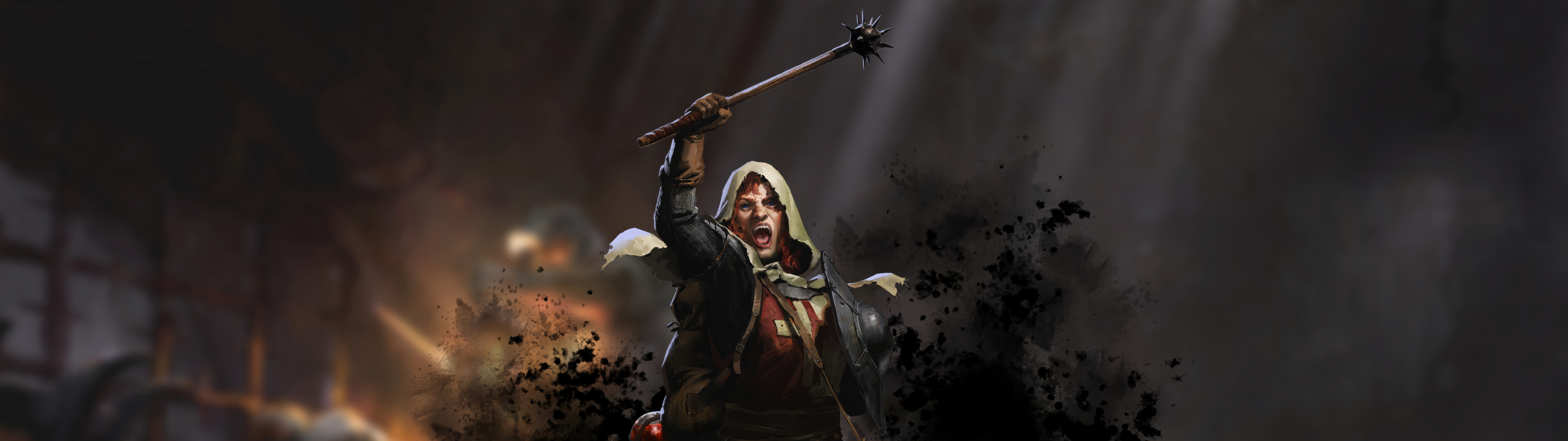 Um personagem de fantasia sombria, vestido com uma pesada armadura medieval, parado num corredor escuro e mal iluminado de uma masmorra de pedra, inspirado no jogo Dark and Darker.