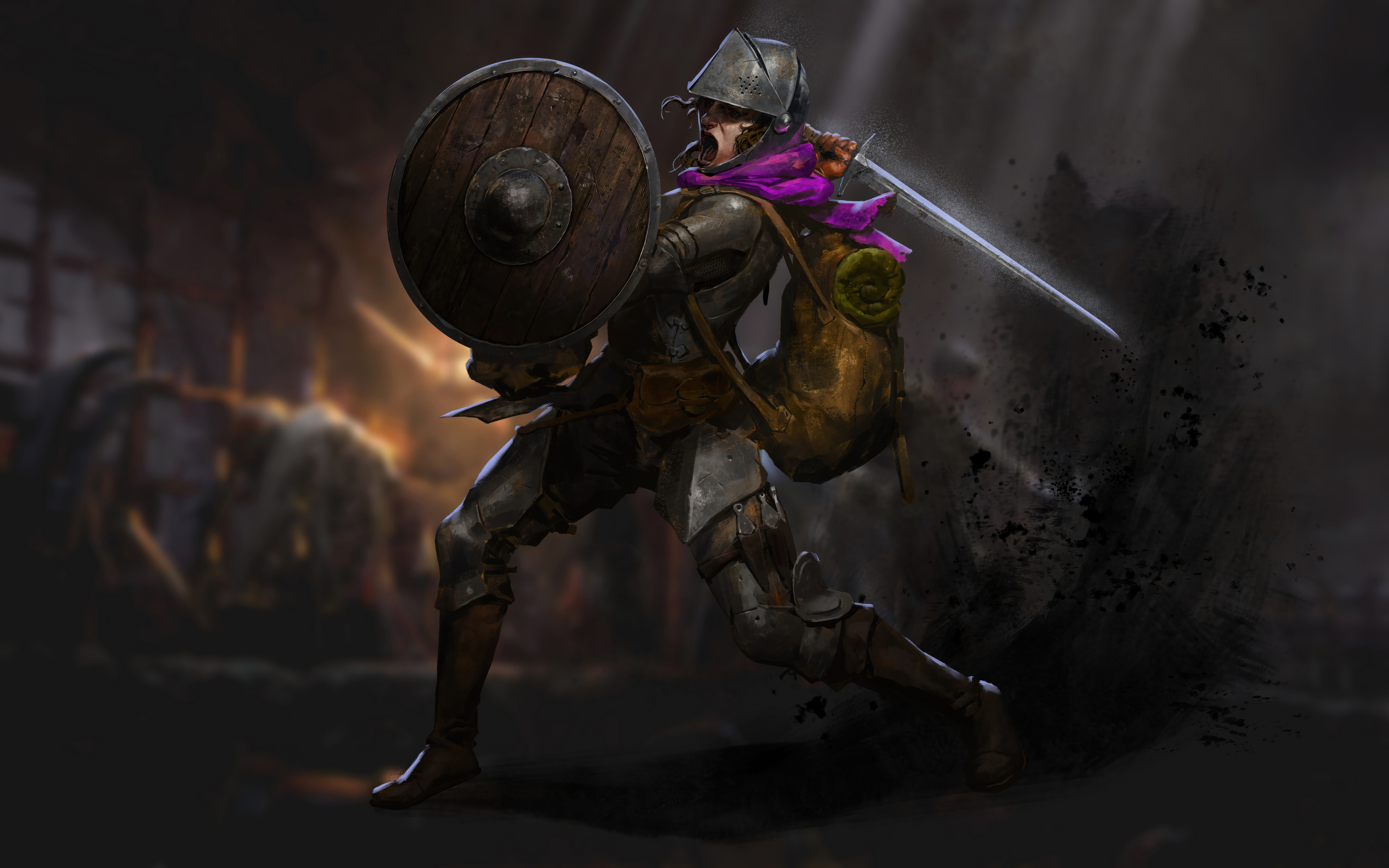 Um aventureiro de fantasia, fortemente equipado com armadura, segura uma lanterna num corredor escuro e de pedra, num cenário que evoca o jogo Dark and Darker.