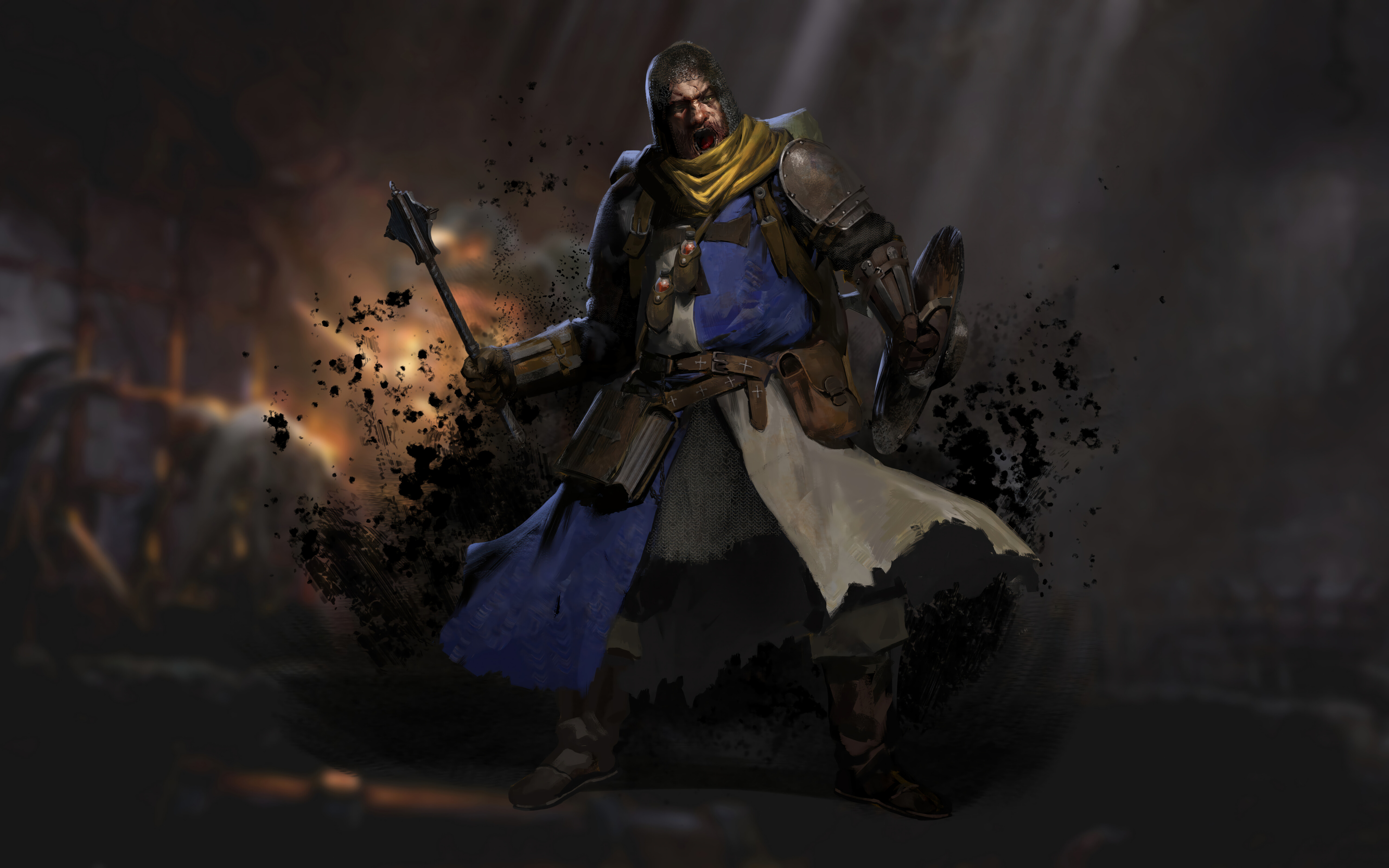 Um personagem de fantasia sombria envolto em sombras, ambientado numa masmorra medieval.