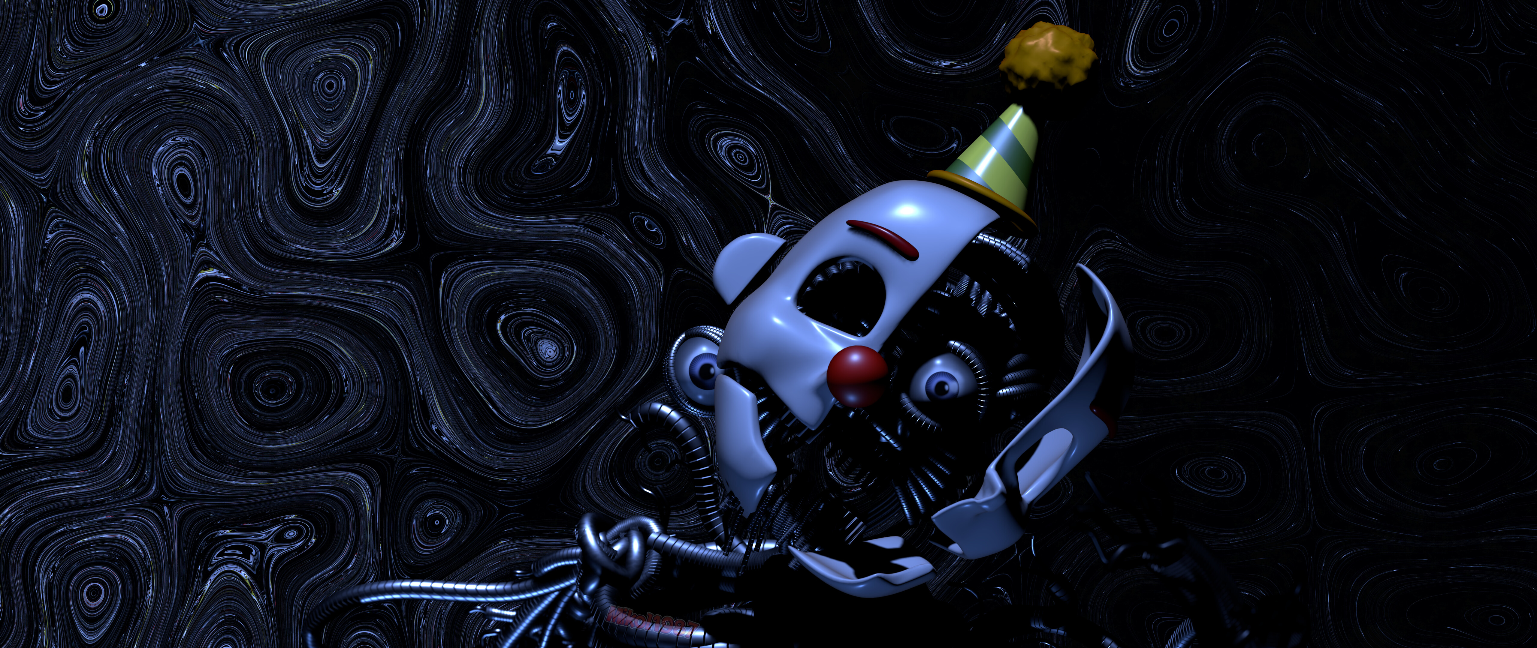 Um close-up do personagem animatrônico Ennard, do jogo Five Nights at Freddy's: Sister Location, mostrando os intrincados cabos e os olhos brilhantes.
