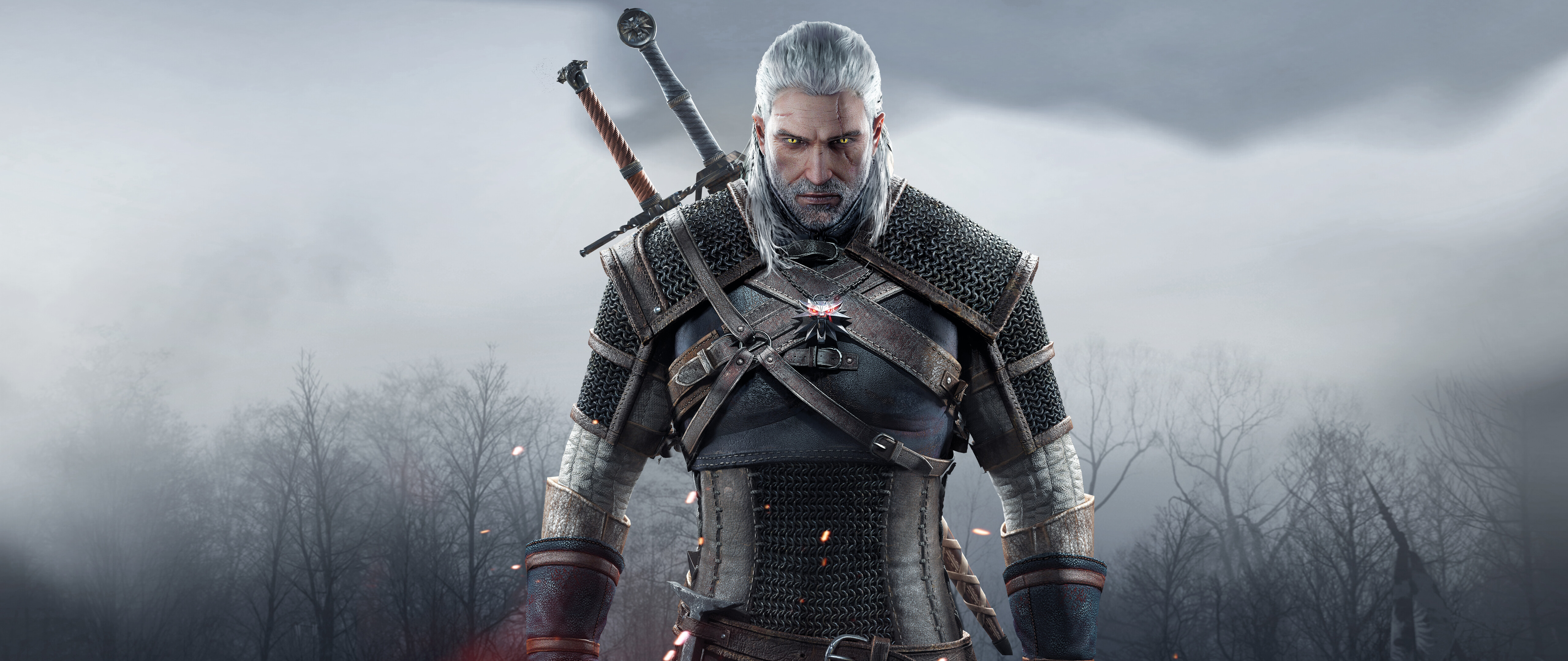 Retrato em close-up de Geralt de Rívia, do jogo The Witcher 3: Wild Hunt.