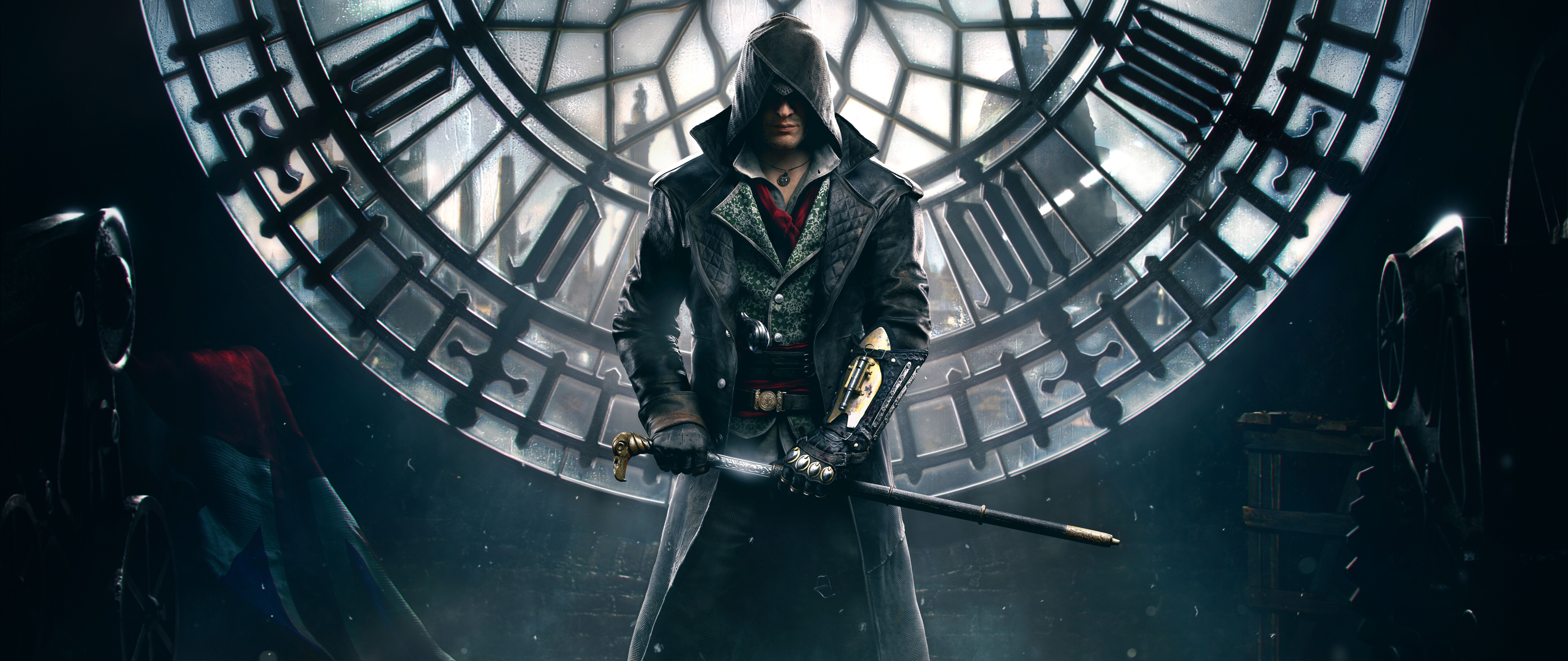 Um retrato detalhado de Jacob Frye, personagem do videojogo Assassin's Creed Syndicate.