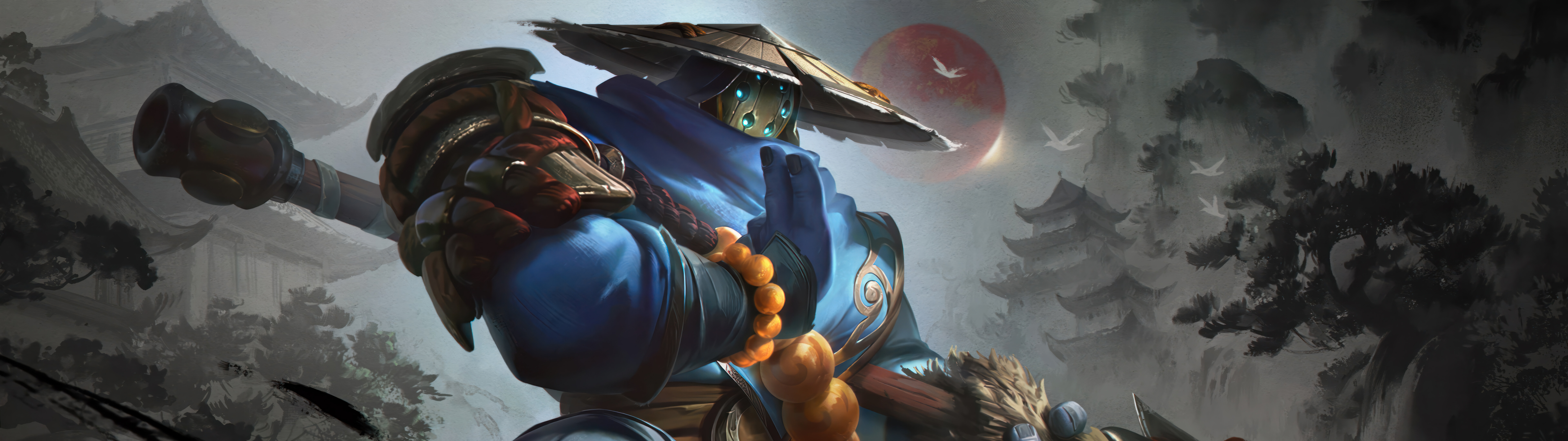 Um conceito de Jax, do League of Legends, inspirado na figura do samurai, vestindo uma armadura tradicional elaborada.