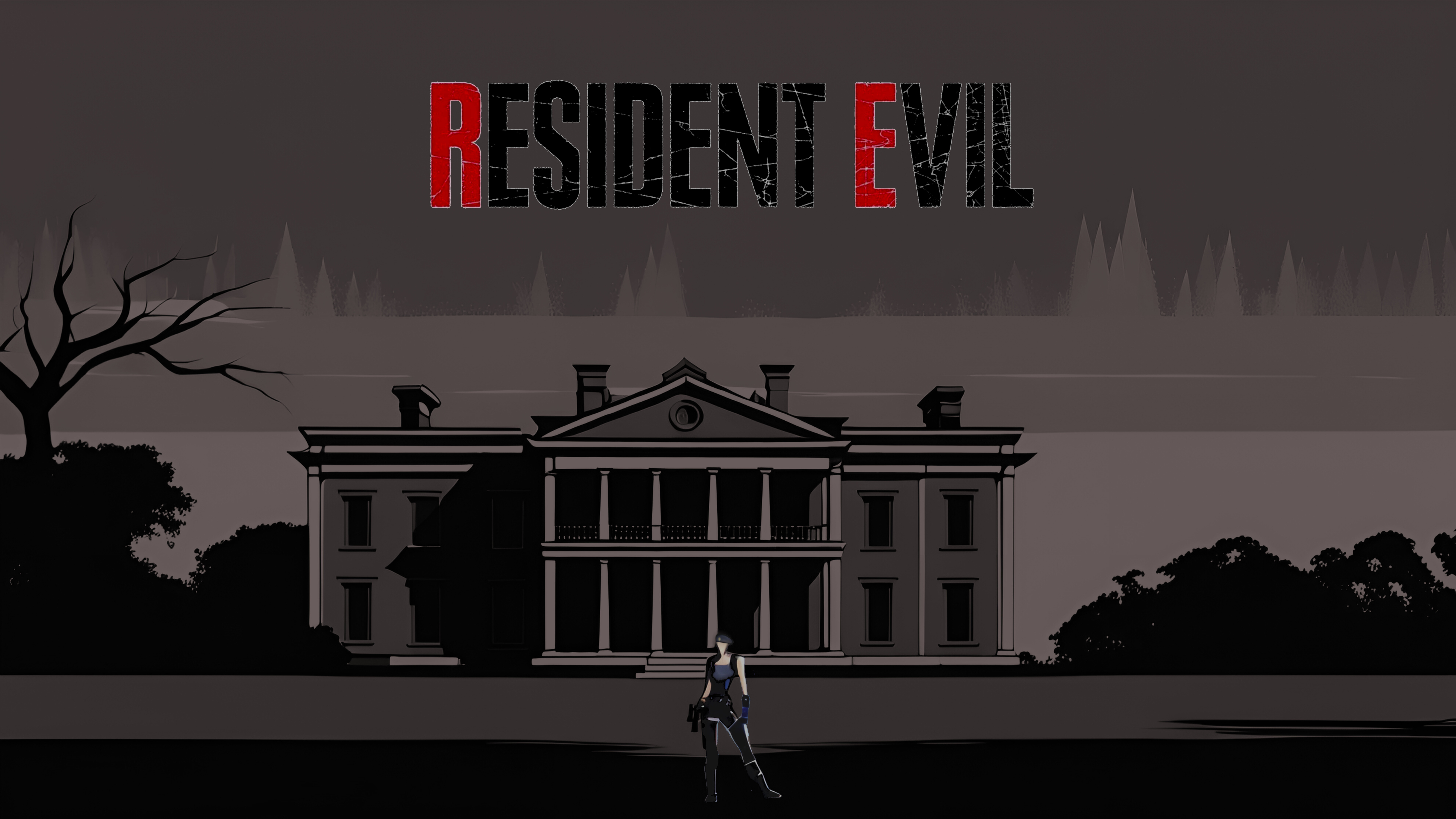 Jill Valentine, de Resident Evil, confronta zumbis num corredor escuro e sombrio de uma mansão.