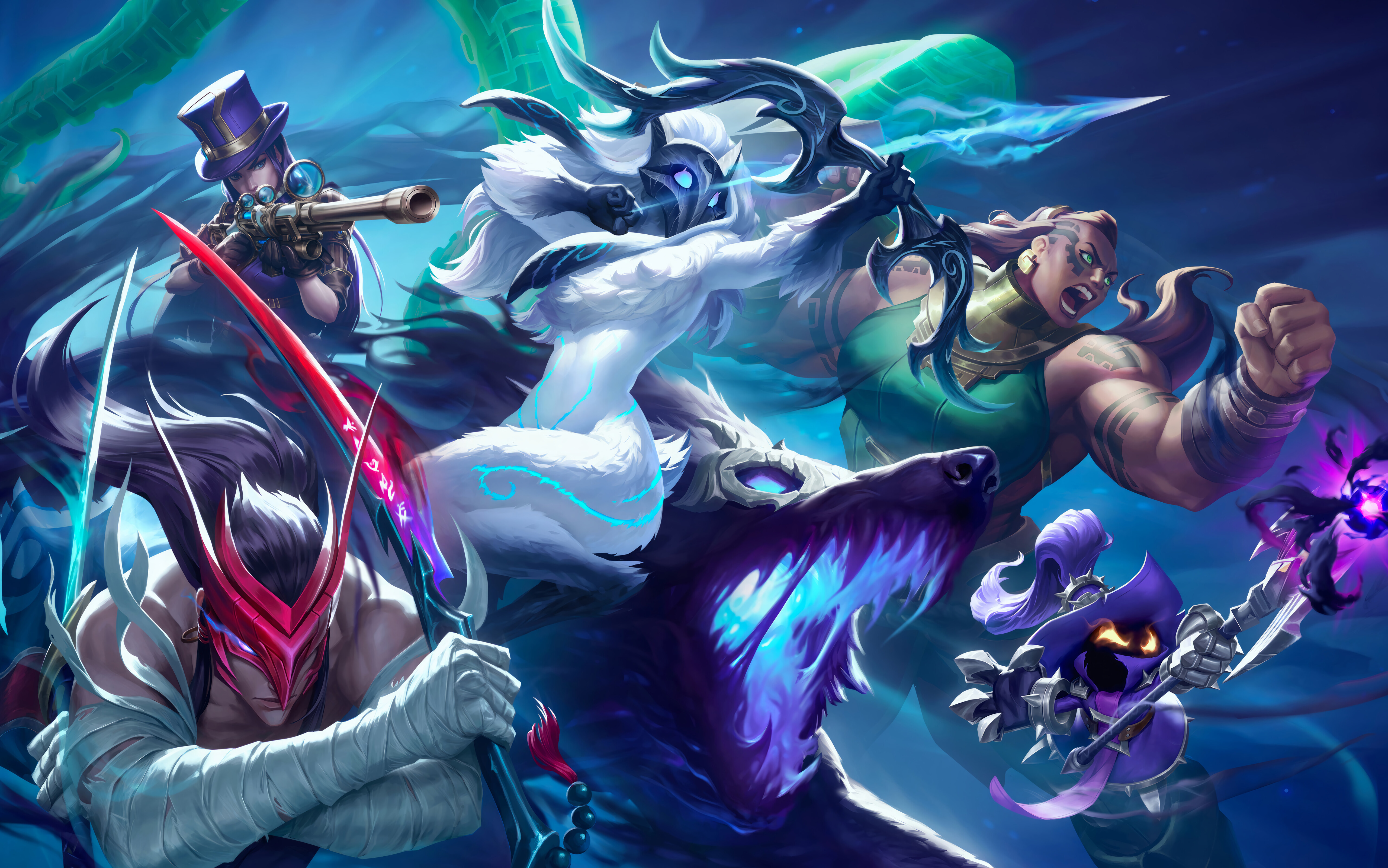 Uma composição impressionante dos personagens de League of Legends: Yone, Kindred e Illaoi.