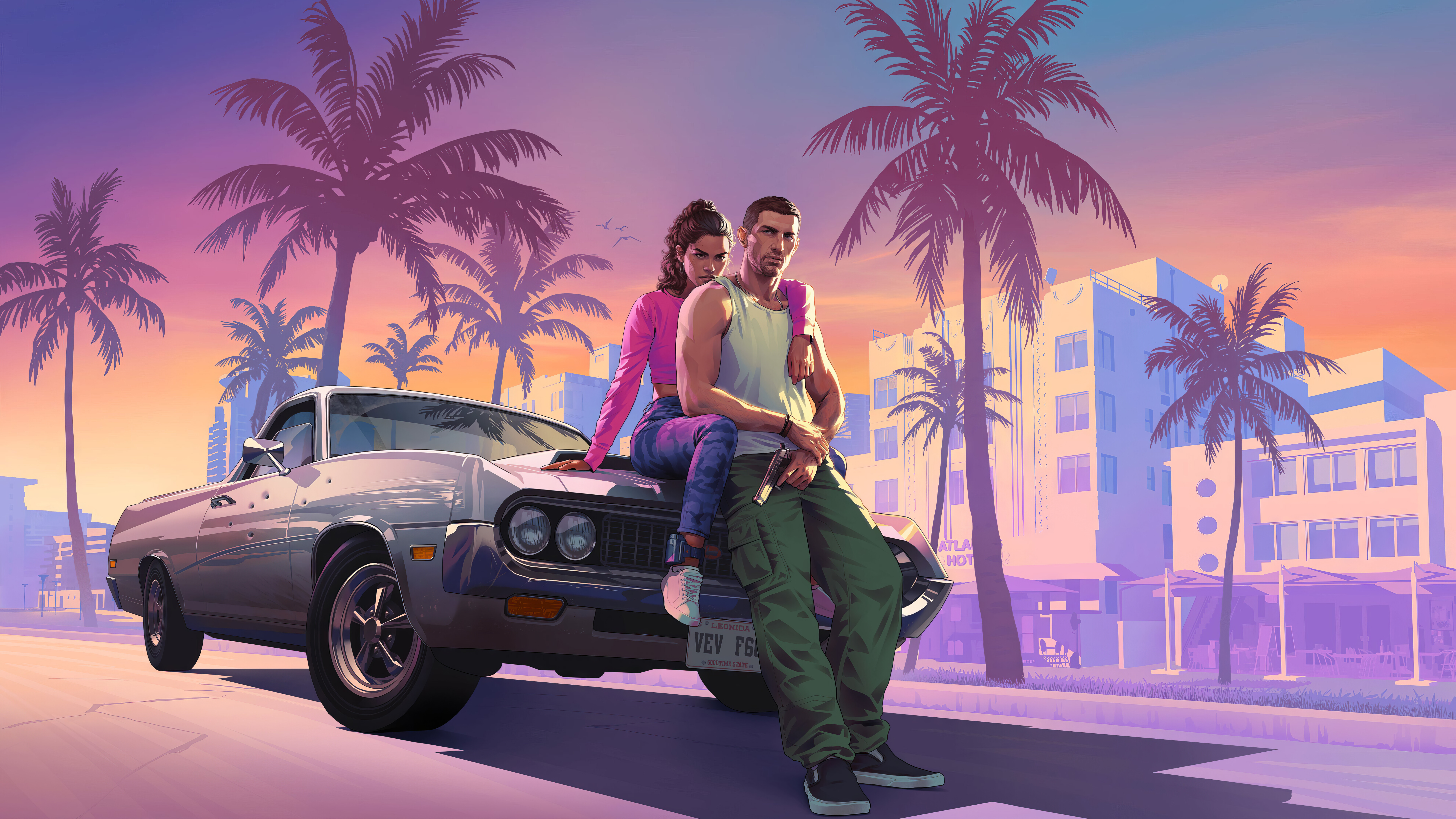 Uma imagem cinematográfica de Lucia, personagem de Grand Theft Auto VI, com luzes urbanas de néon e uma paisagem tropical.