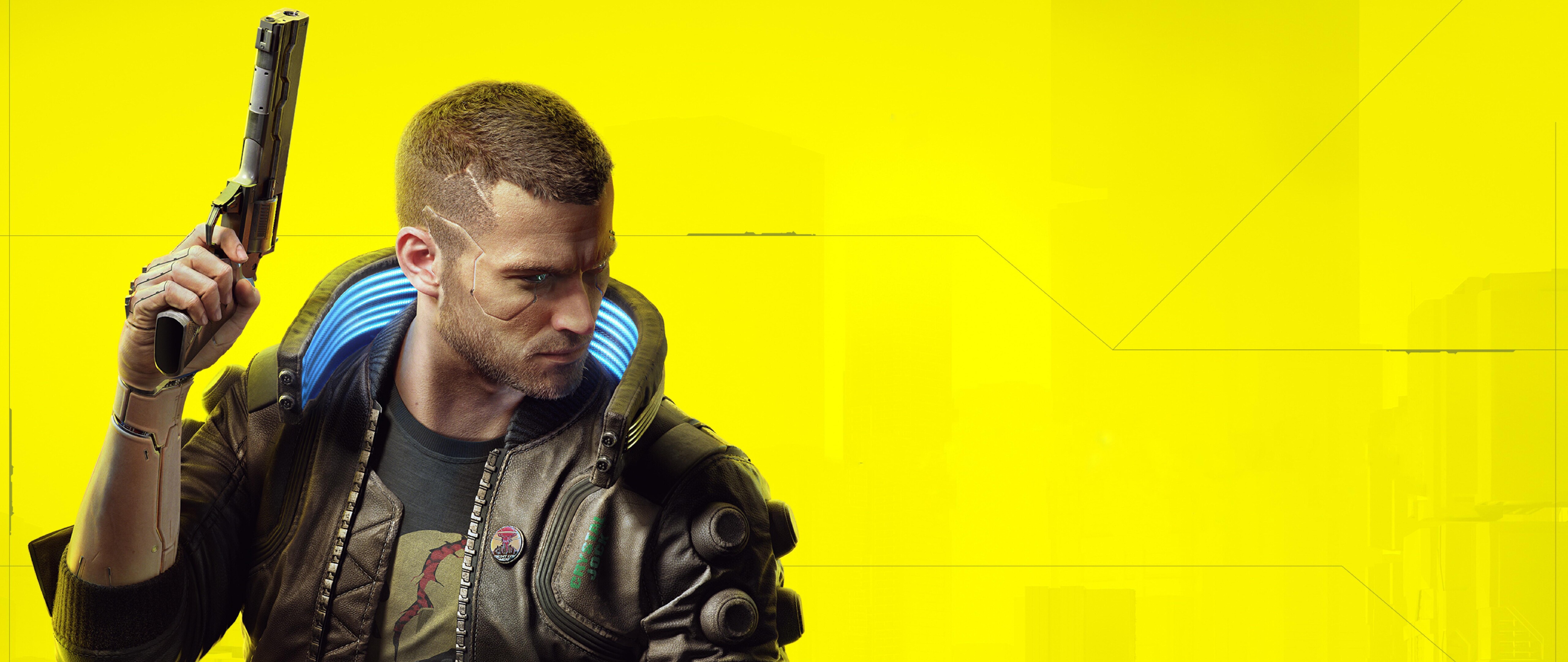 Uma personagem futurista com implantes cibernéticos azuis brilhantes, em pé num ambiente urbano cyberpunk escuro e encharcado pela chuva.