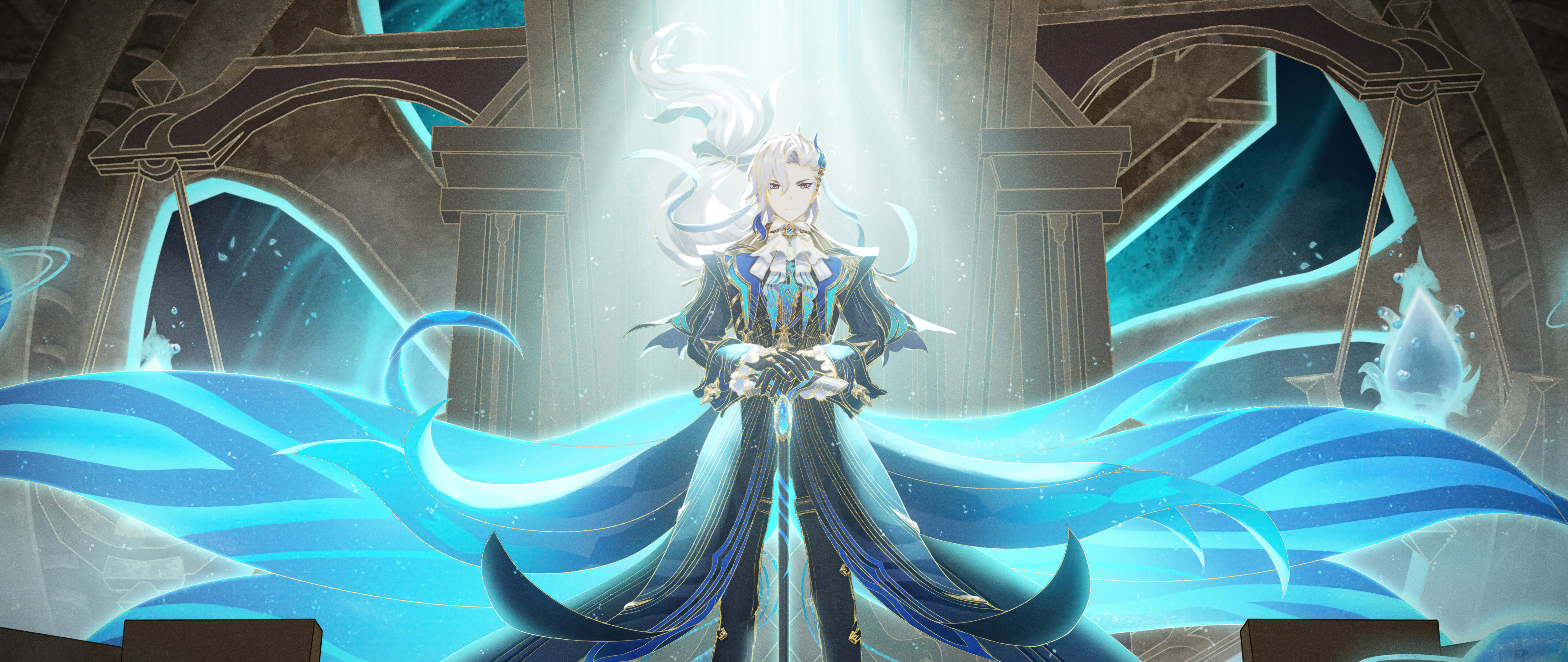 Um retrato deslumbrante de Neuvillette, do jogo Genshin Impact.