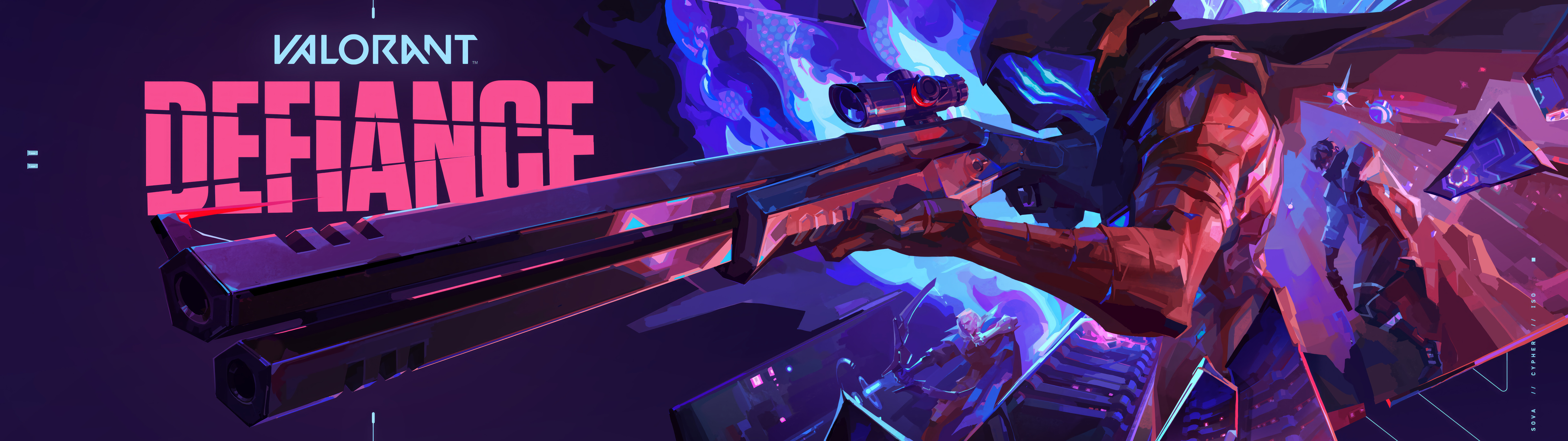 Um retrato dramático e sombrio de Omen, de Valorant, que destaca a sua icónica silhueta encapuzada e os seus olhos brilhantes, em meio a sombras rodopiantes.