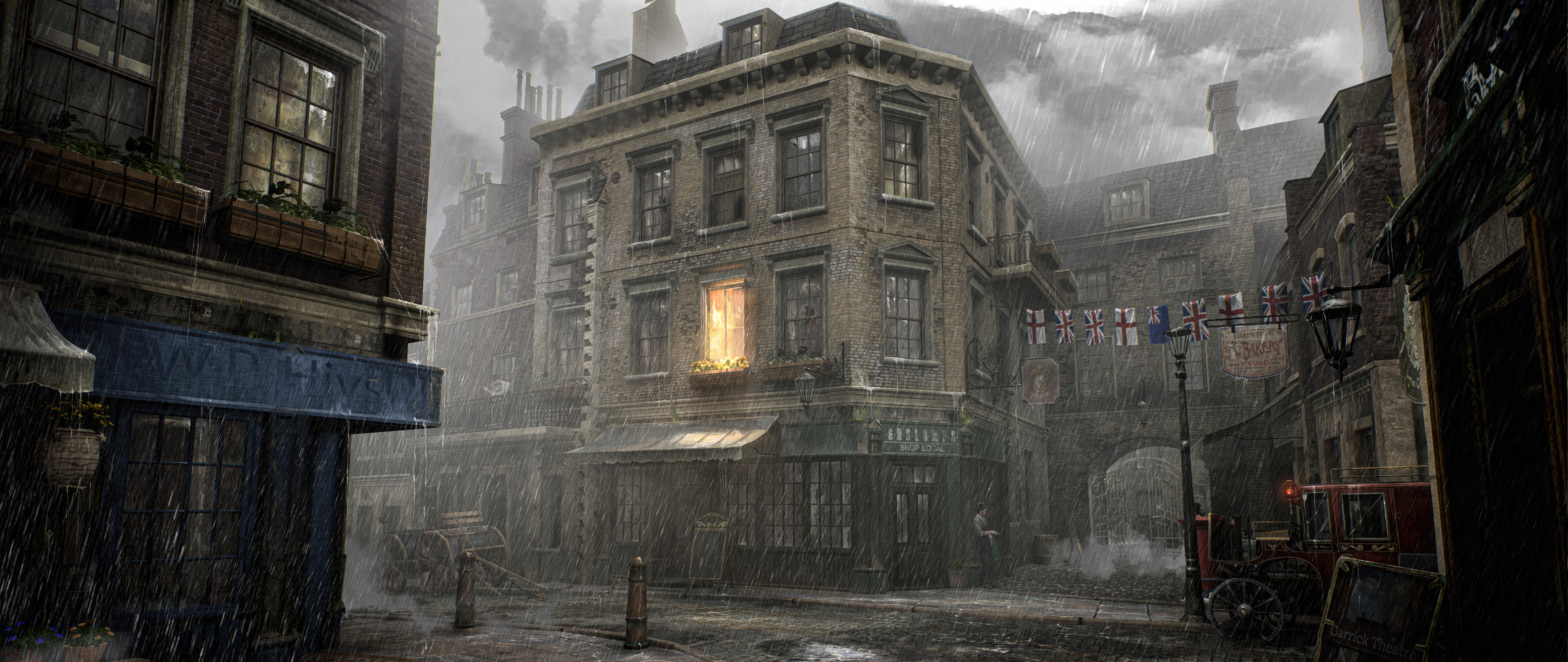 Uma rua escura e chuvosa em Londres, com um edifício de estilo vitoriano, inspirada no videojogo Sherlock Holmes: The Awakened.