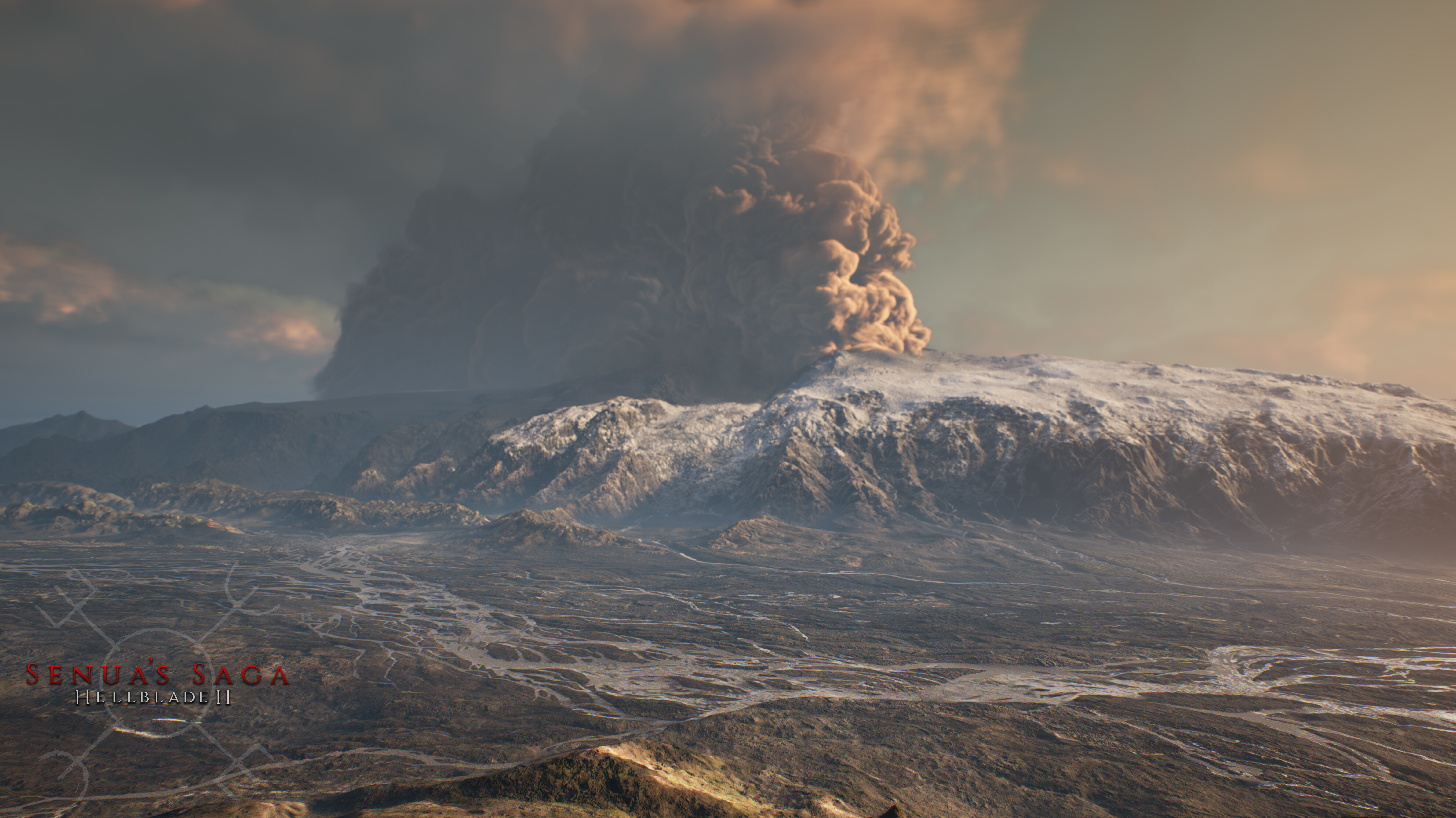 Um retrato detalhado e expressivo de Senua, do videojogo Senua's Saga: Hellblade II, que destaca a sua expressão intensa e o seu aspeto de guerreira.