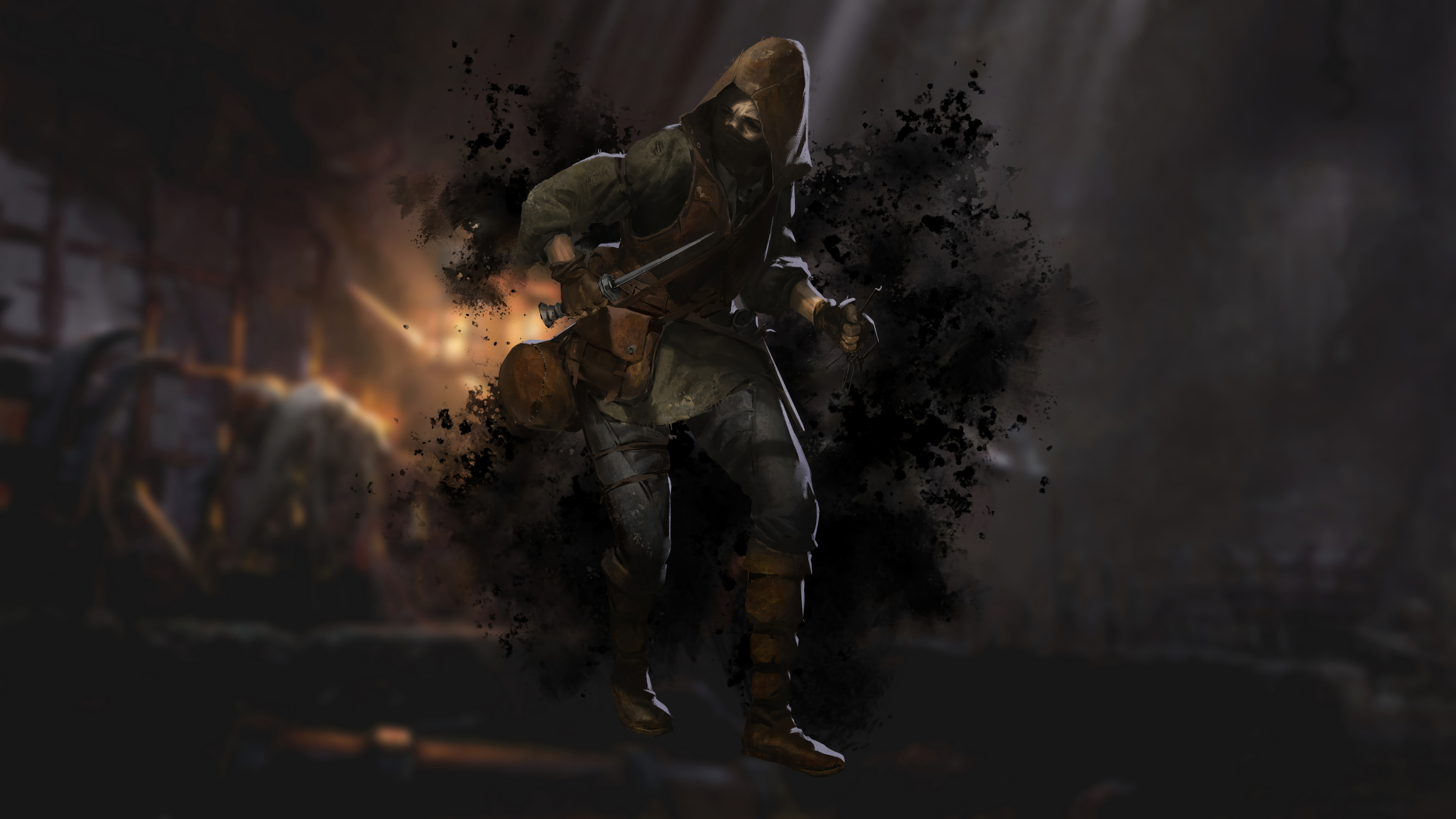 Um guerreiro medieval fortemente blindado, explorando uma masmorra de pedra escura e iluminada por tochas, inspirado no jogo Dark and Darker.