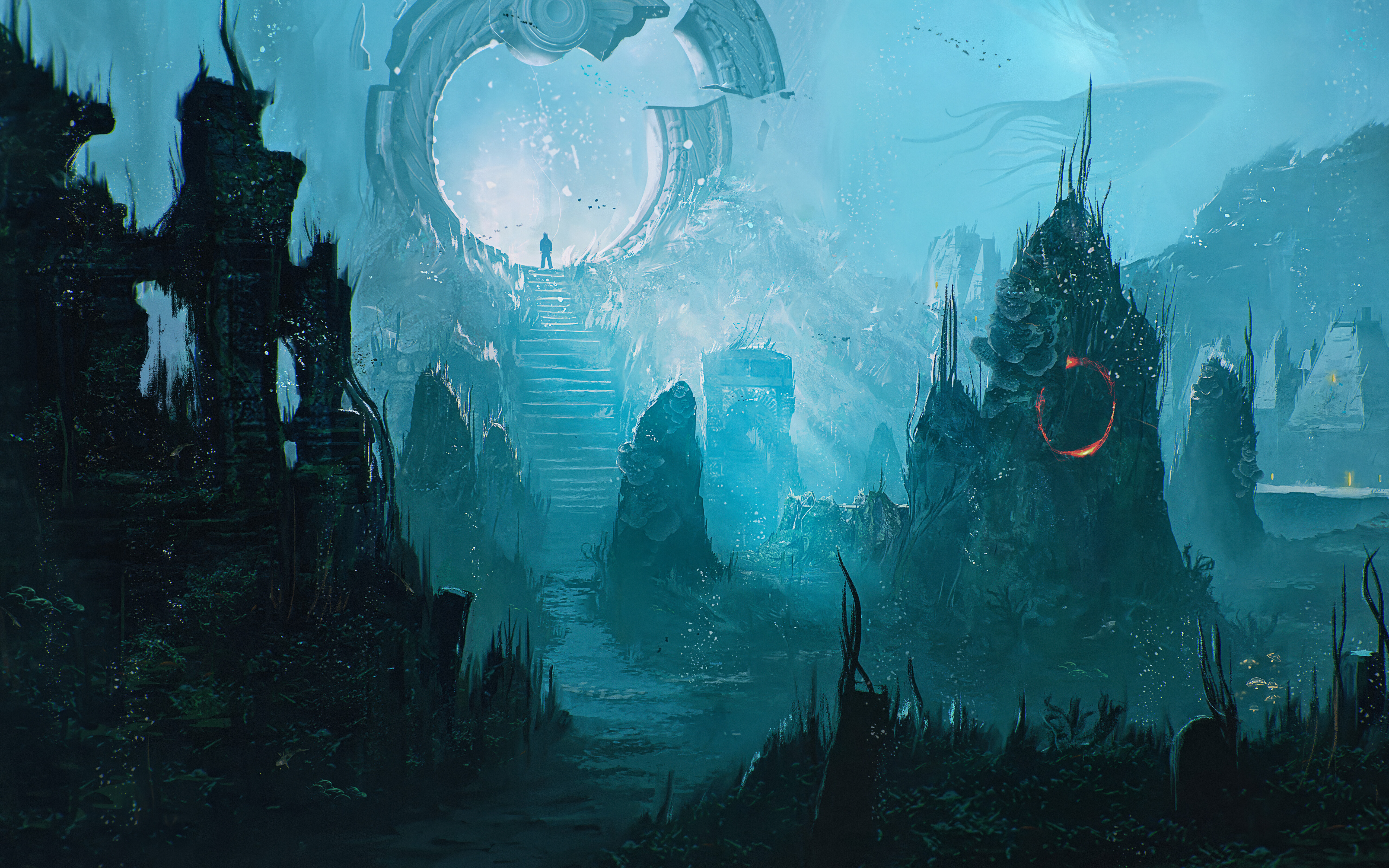 Vista subaquática das profundezas do oceano, mostrando ruínas de pedra antigas e em ruínas, imersas em águas azul-escuras, inspirada no jogo Sherlock Holmes: The Awakened.