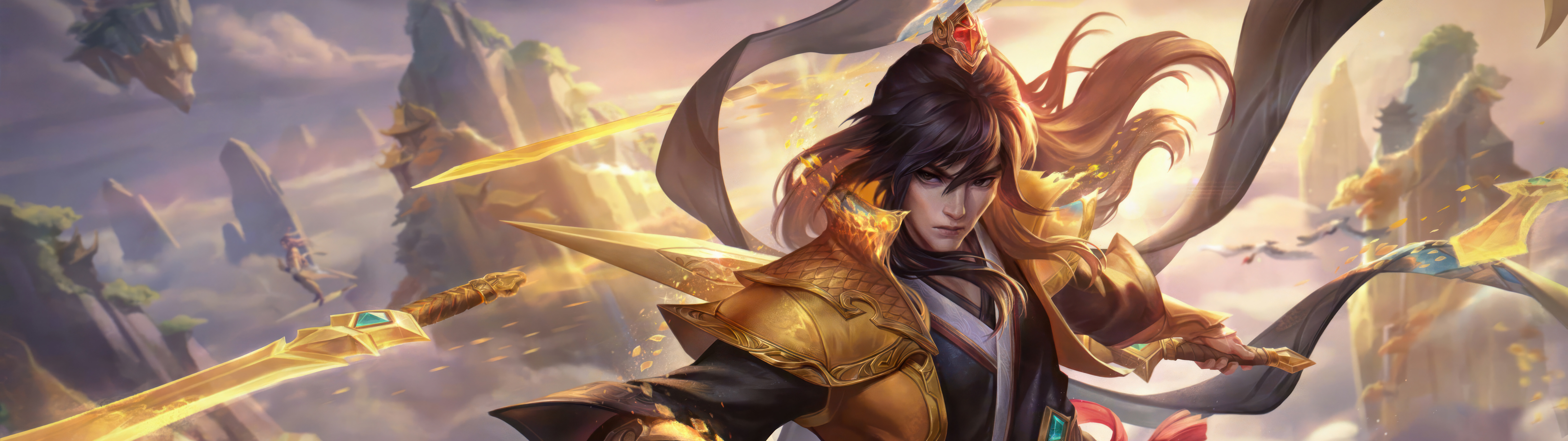 Talon, de League of Legends, posa com suas lâminas características em um ambiente dramático e sombrio.