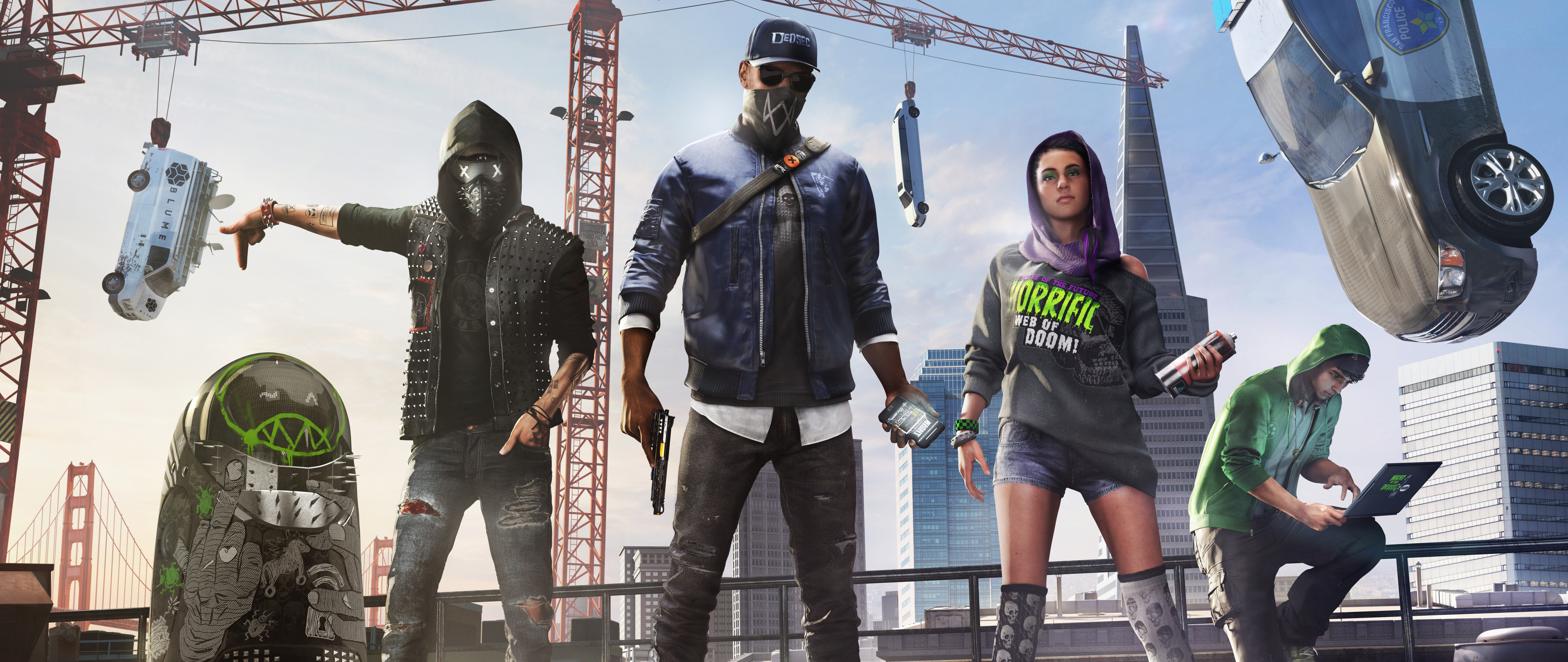 Um retrato de grupo com Marcus Holloway, Sitara Dhawan e Wrench, personagens do videojogo Watch Dogs 2.