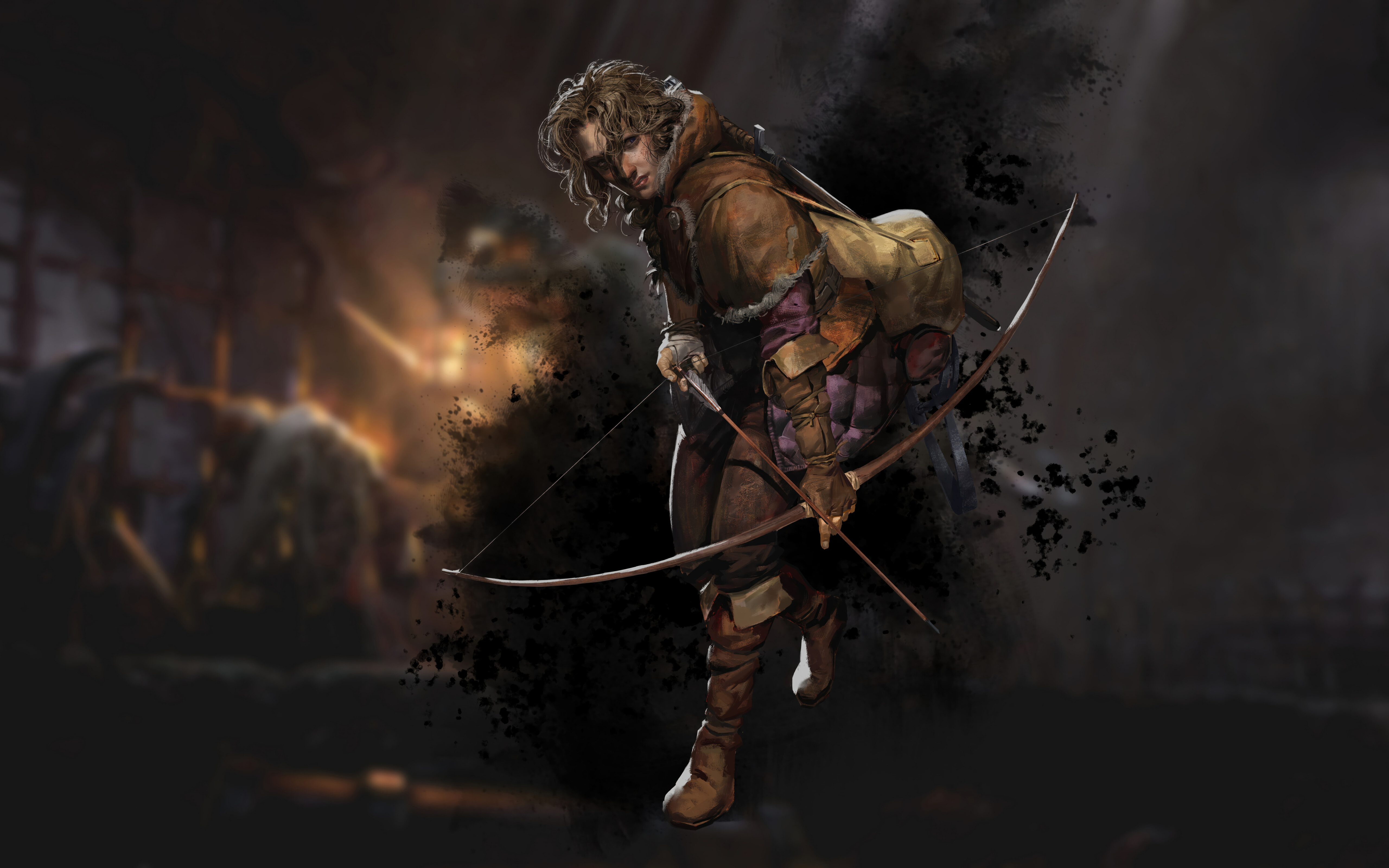 Um criminoso encapuzado, armado, parado num corredor escuro e de pedra de um castelo medieval.