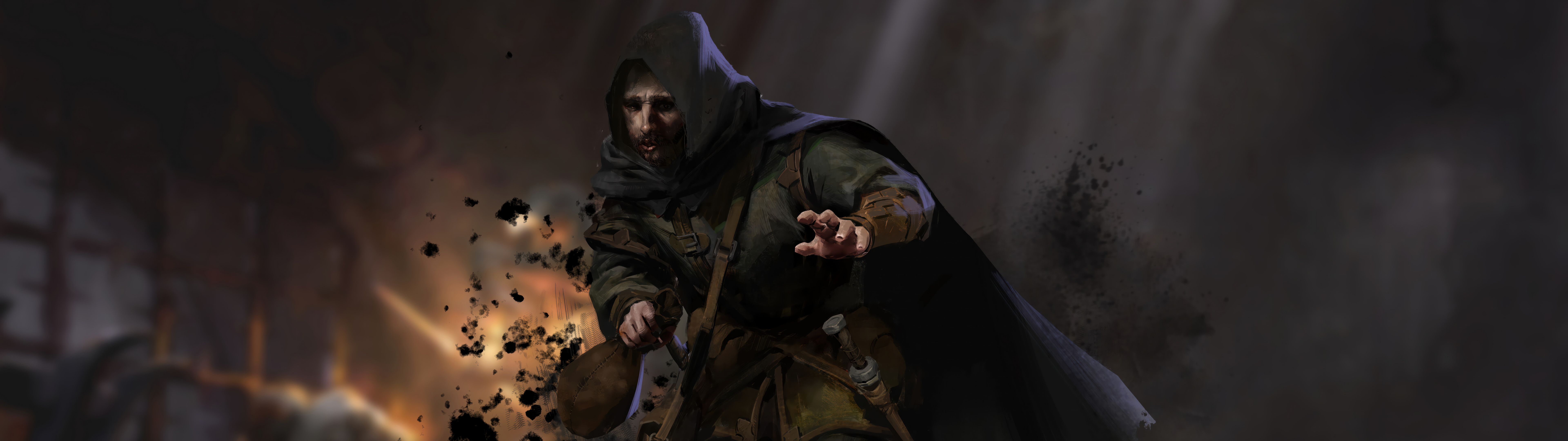 Um guerreiro sombrio, vestido com uma armadura pesada, parado no interior de um corredor escuro e iluminado por tochas, proveniente do jogo Dark and Darker.