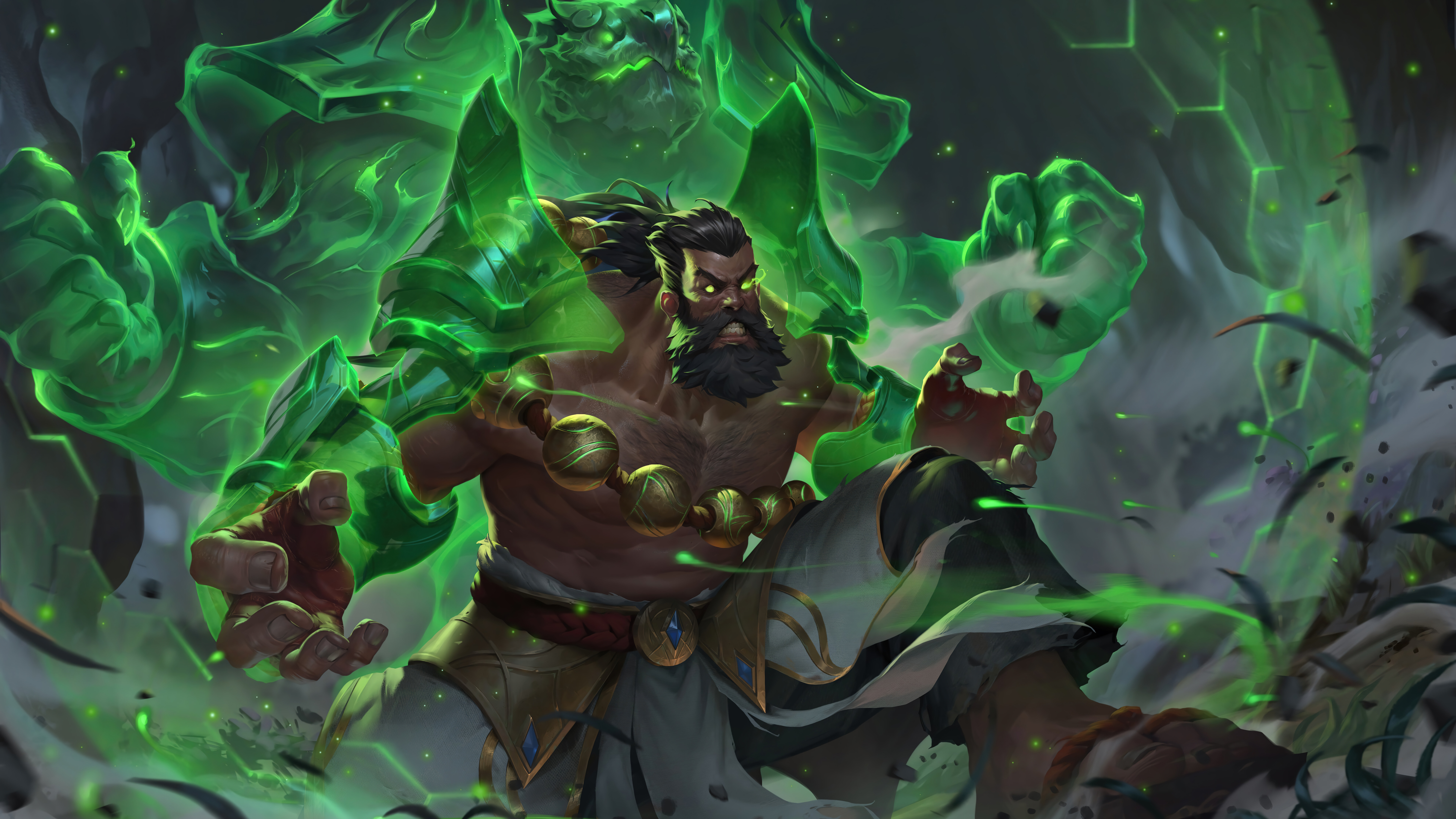 Udyr, o Andarilho dos Espíritos de League of Legends, numa pose primitiva e imponente.