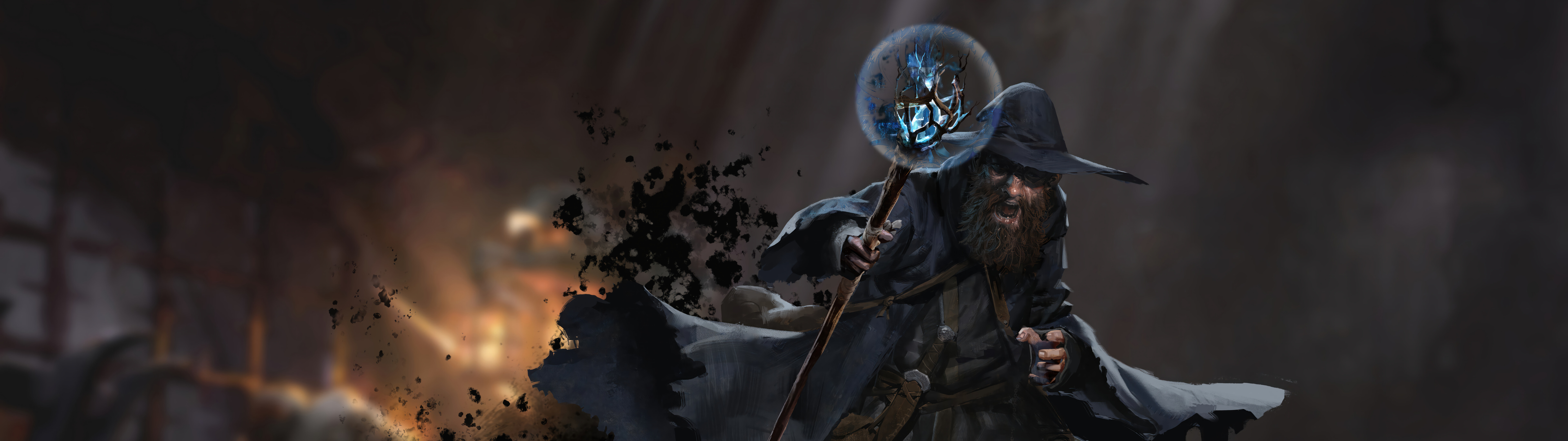 Um mago de fantasia sombria, vindo de Dark and Darker, segurando um cajado mágico brilhante em um cenário de masmorra atmosférica e envolta em sombras.