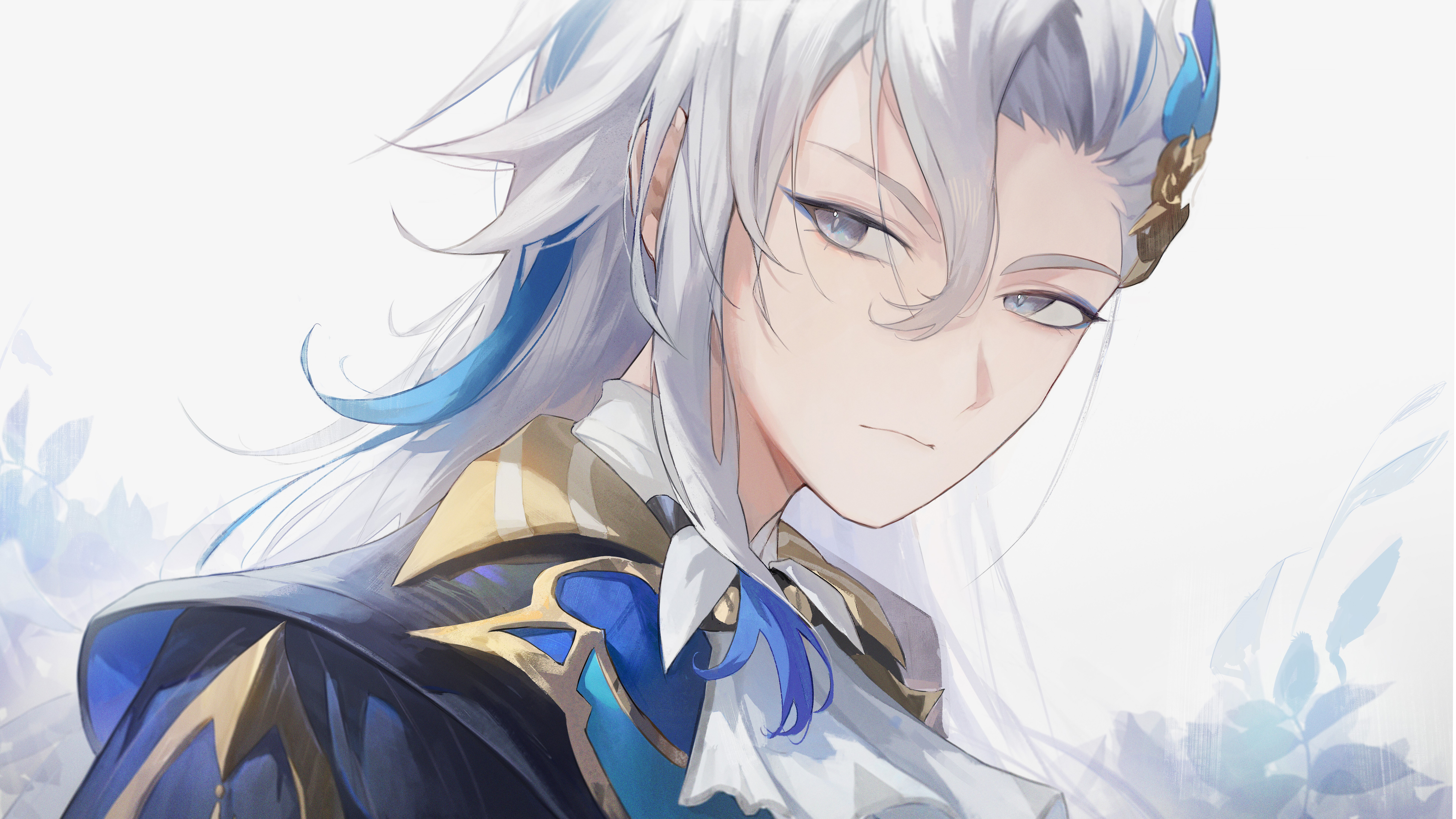 Uma representação de alta qualidade de Neuvillette, de Genshin Impact, que destaca o seu vestuário elegante e o seu olhar imponente.