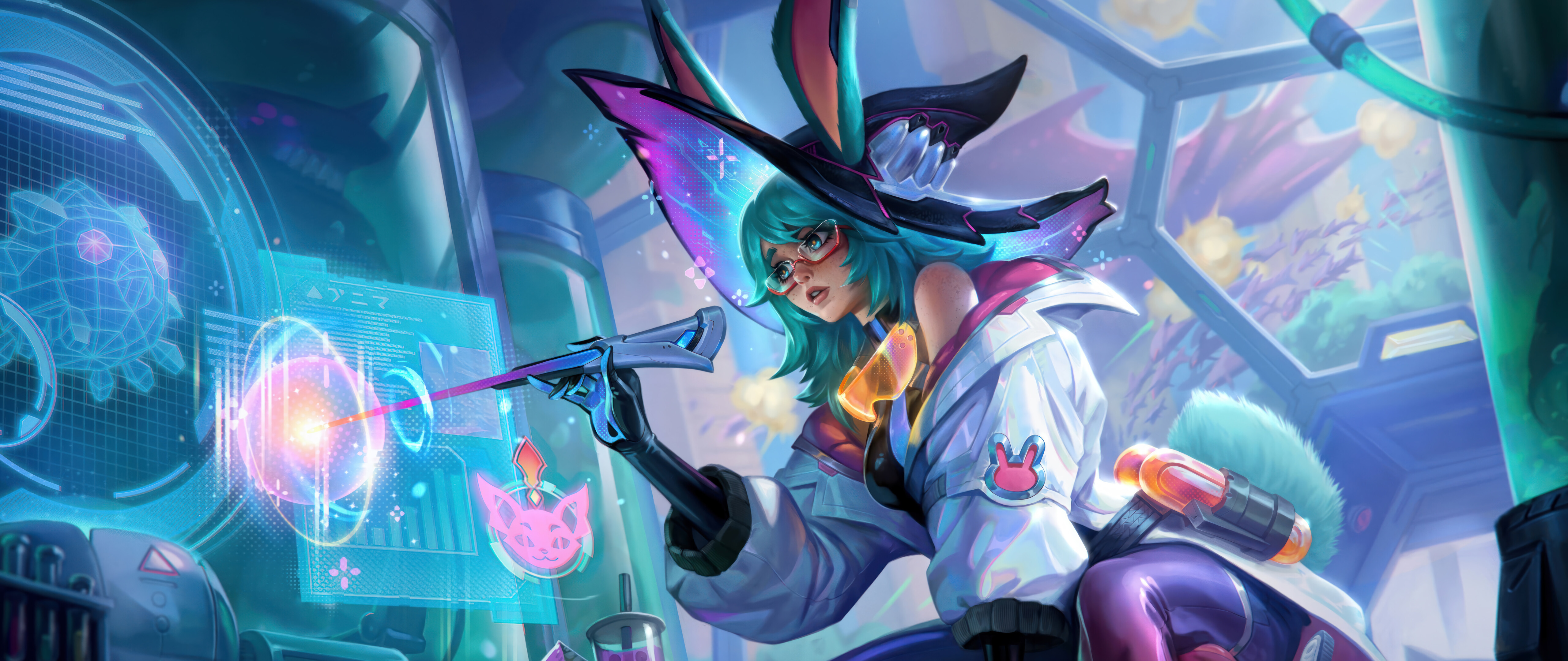 Uma ilustração detalhada de Aurora, de League of Legends, cercada por elementos mágicos e luminosos.