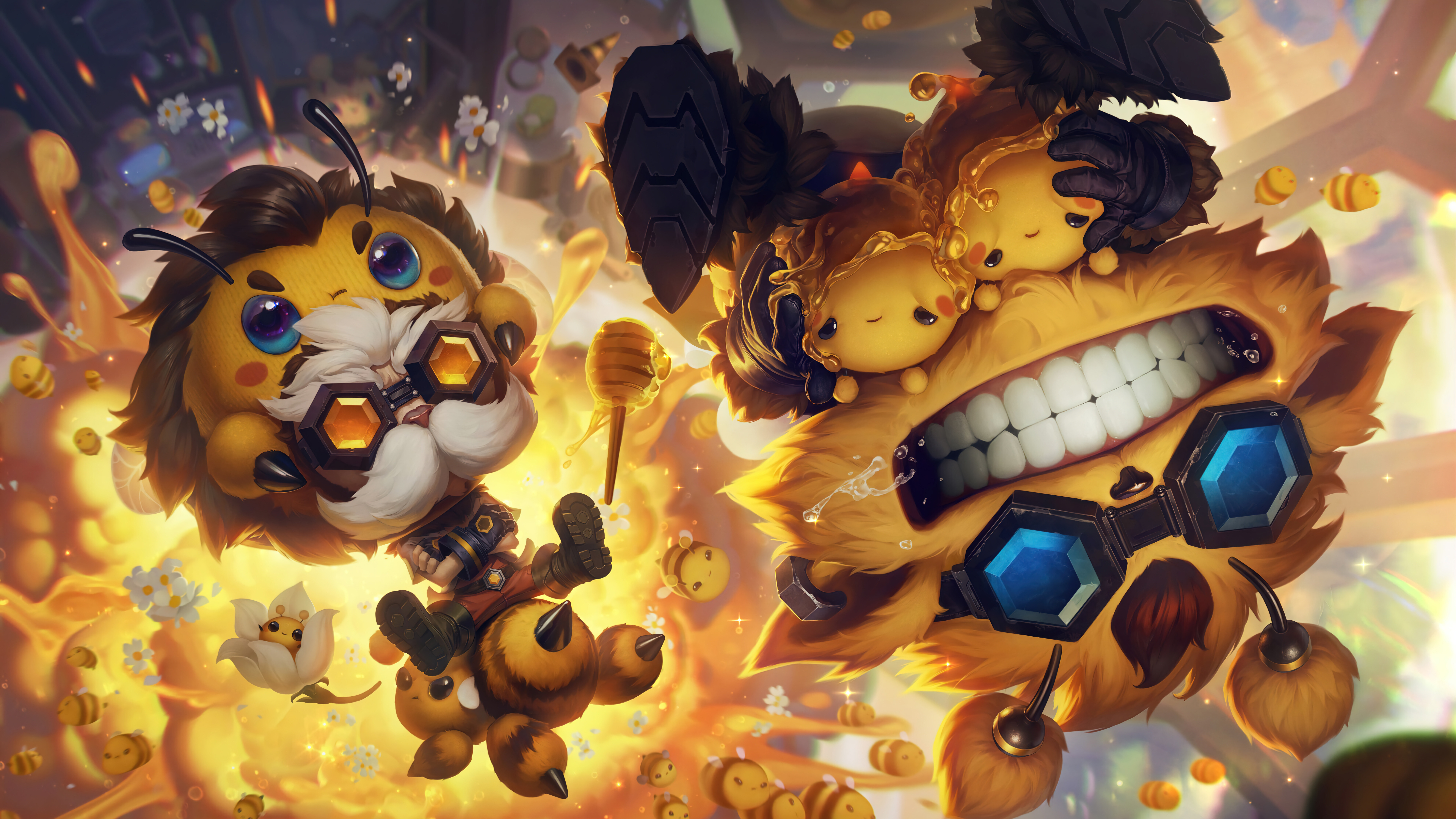 Heimerdinger e Ziggs, personagens do League of Legends, representados num estilo artístico vibrante, típico de jogos de vídeo.