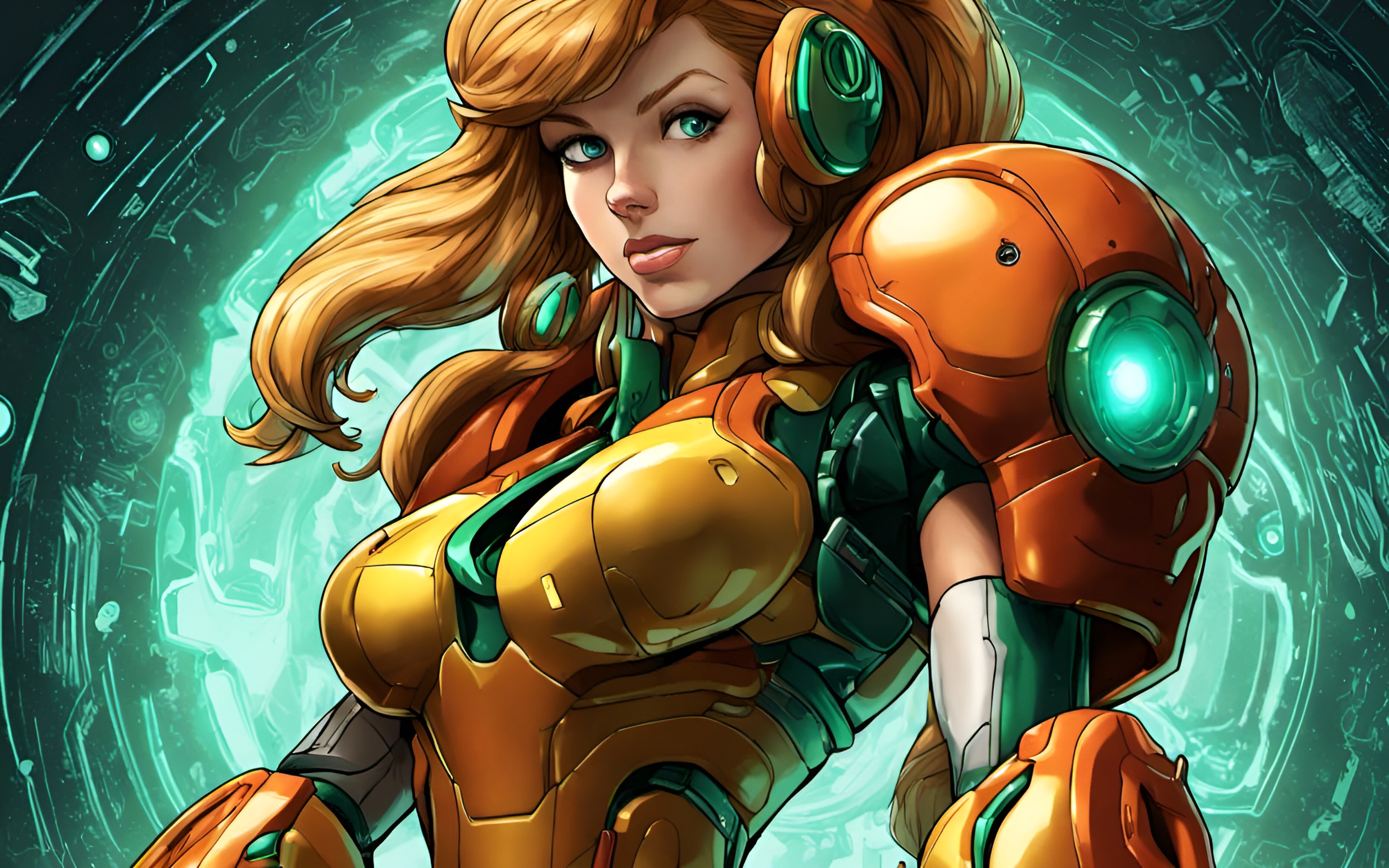 Samus Aran vestida com o seu icónico fato de combate laranja e vermelho, da série de videojogos Metroid.