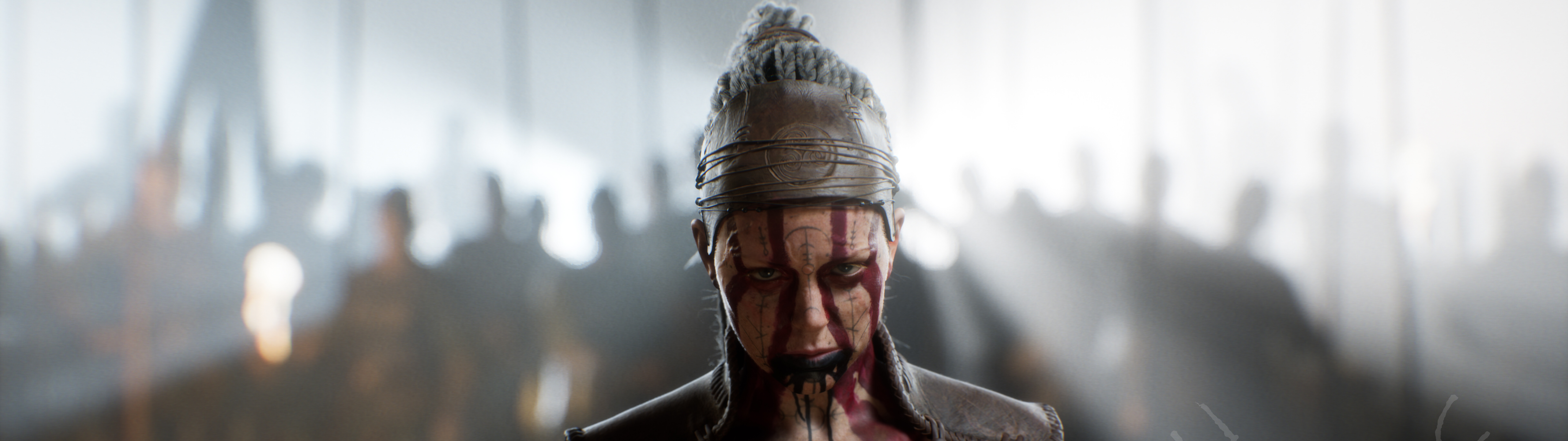 Um retrato cinematográfico detalhado de Senua, a personagem principal de Senua's Saga: Hellblade II.