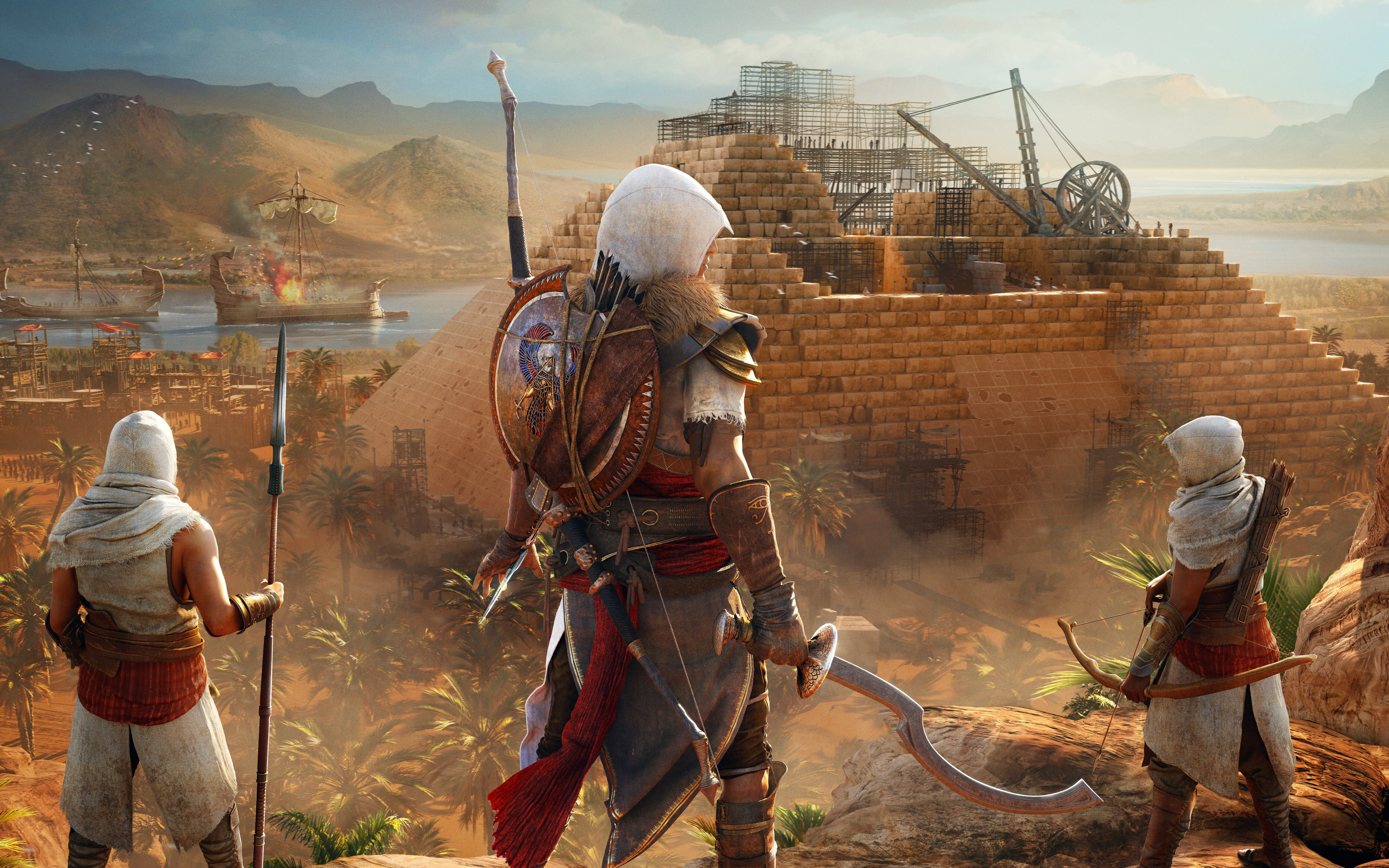 Bayek de Siwa, do jogo Assassin's Creed Origins, posa em uma paisagem do antigo Egito.