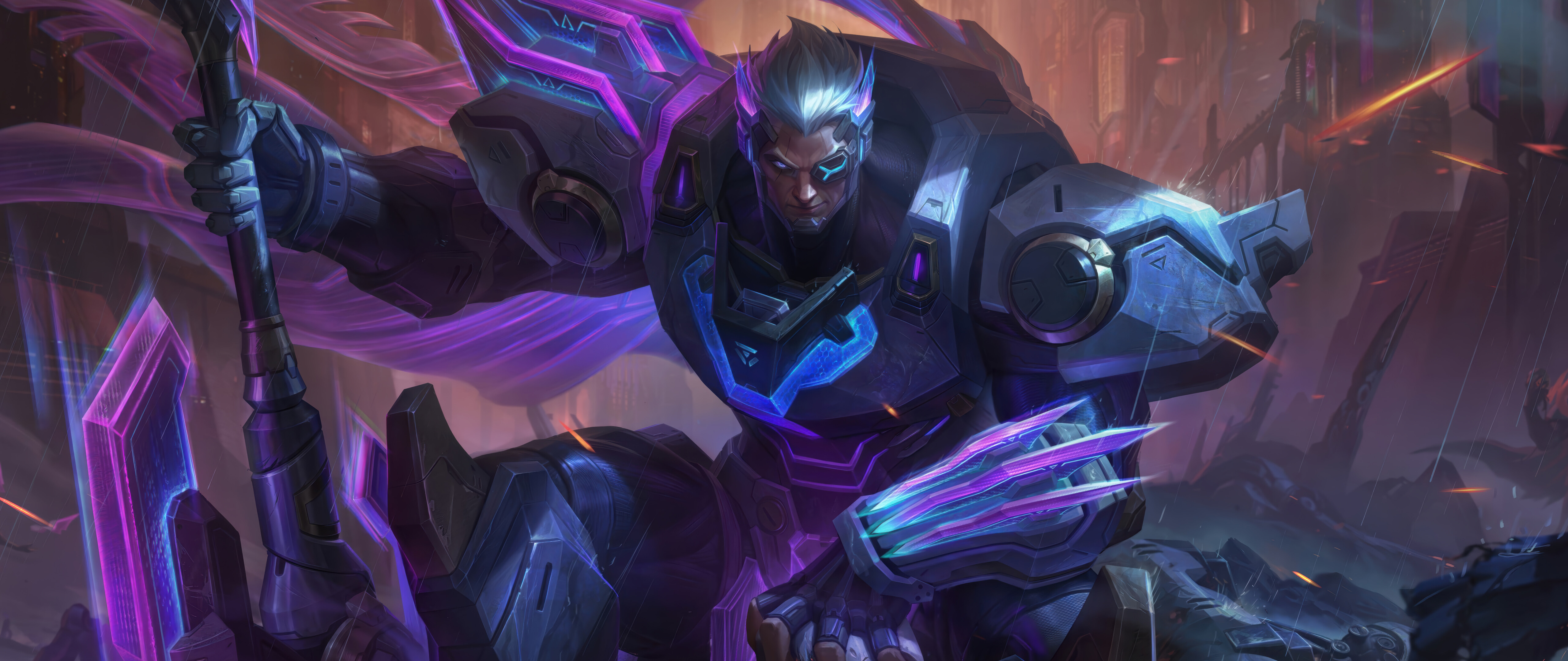 Uma representação detalhada de Darius, de League of Legends, com uma armadura noxiana imponente e uma atmosfera ameaçadora.