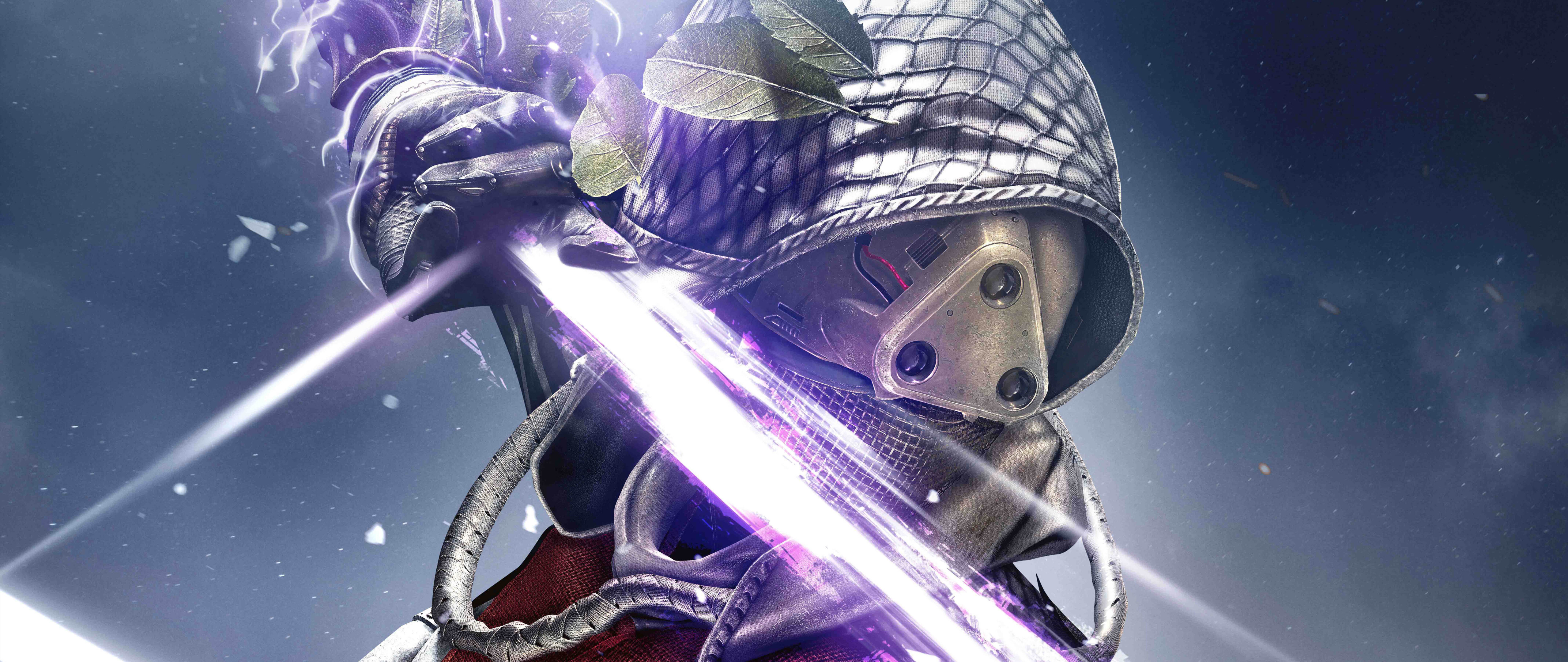 Um detalhado Guardião de ficção científica do jogo Destiny, vestindo placas de armadura brilhantes e um capacete, com um cenário de estrelas e nebulosas ao fundo.