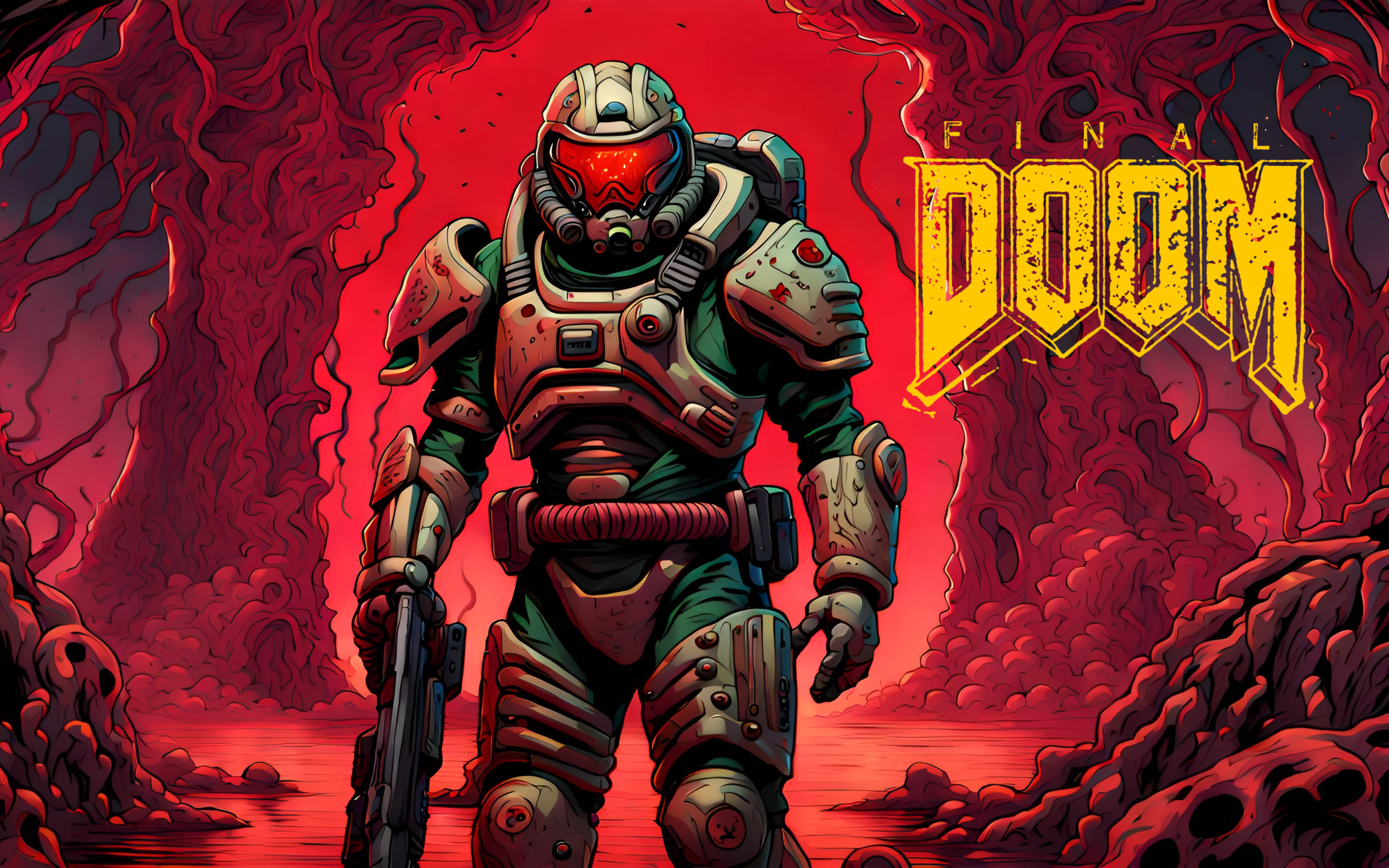 Doomguy, personagem da série de jogos de vídeo Doom, em pé no meio de uma paisagem escura e infernal.