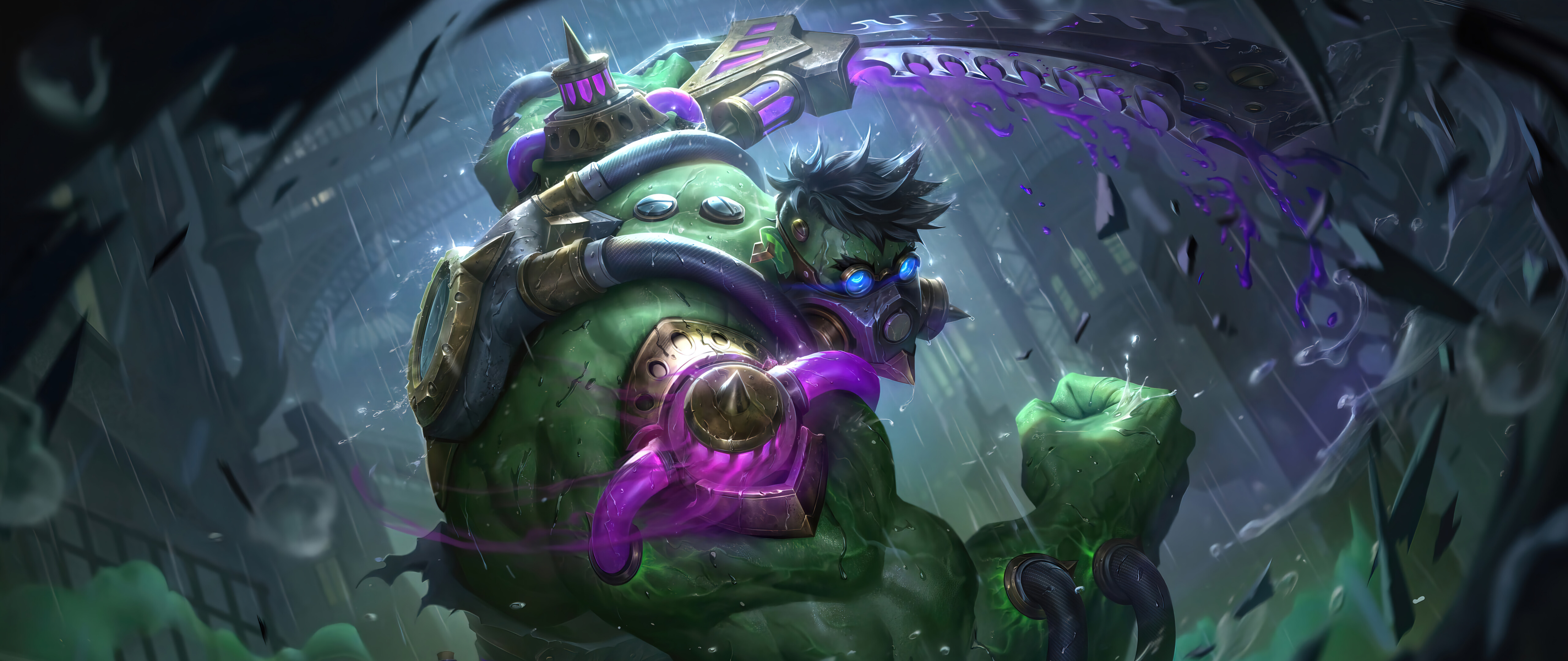 Dr. Mundo, de League of Legends, cercado por vapores químicos verdes e tóxicos.