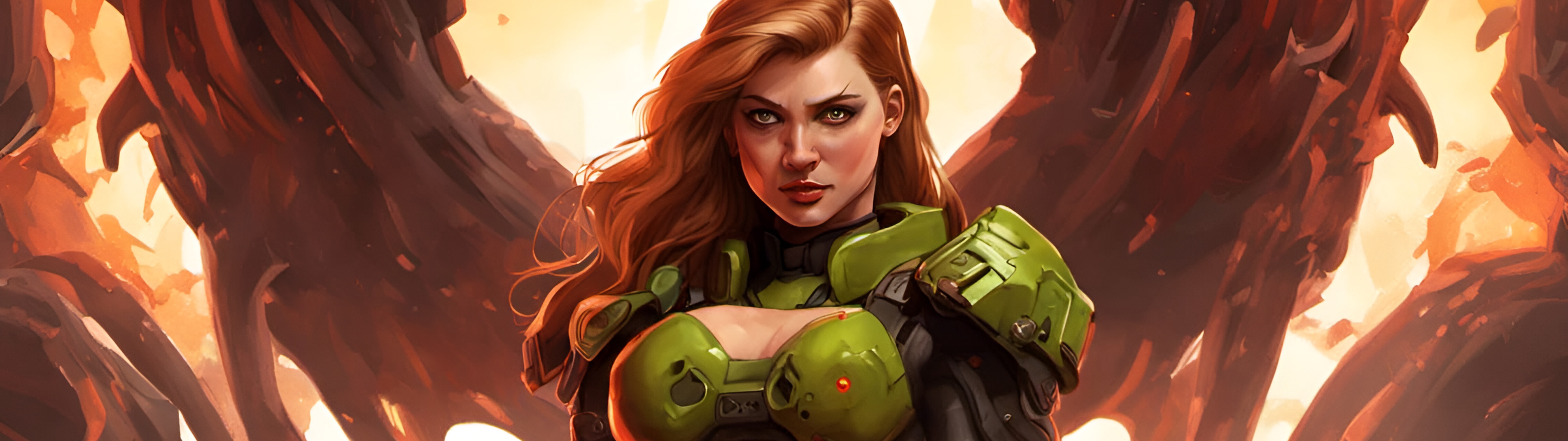 Uma guerreira, vestida com uma armadura de combate pesada e empunhando uma arma de fogo de grandes dimensões, enfrenta um demónio, numa cena inspirada na série de jogos de vídeo DOOM.