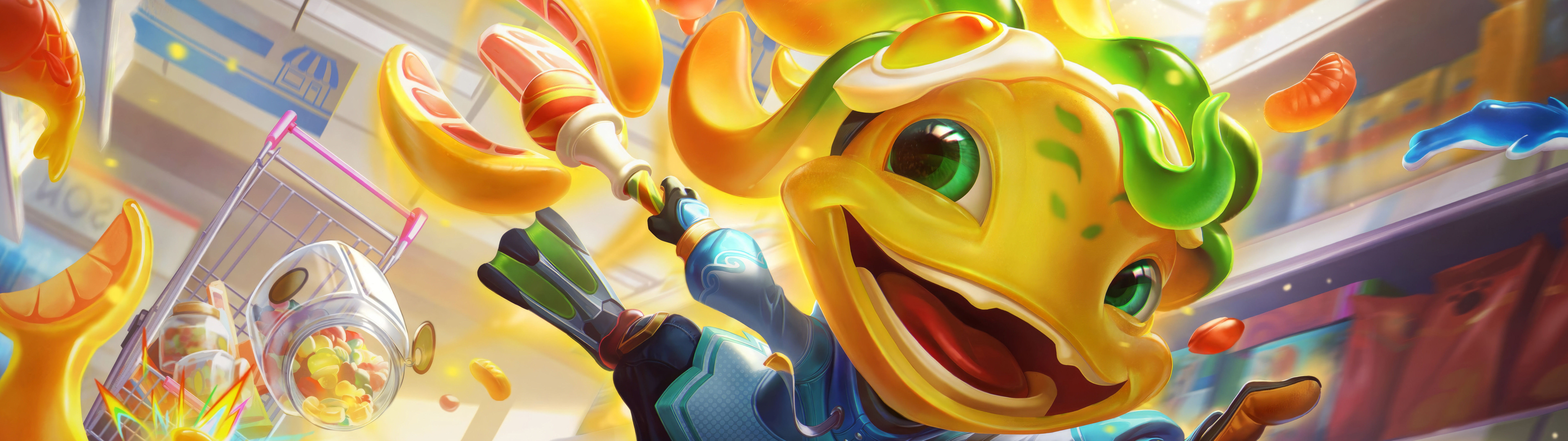 O campeão aquático Fizz, do jogo League of Legends e de Wild Rift, surge em um cenário subaquático vibrante e colorido.