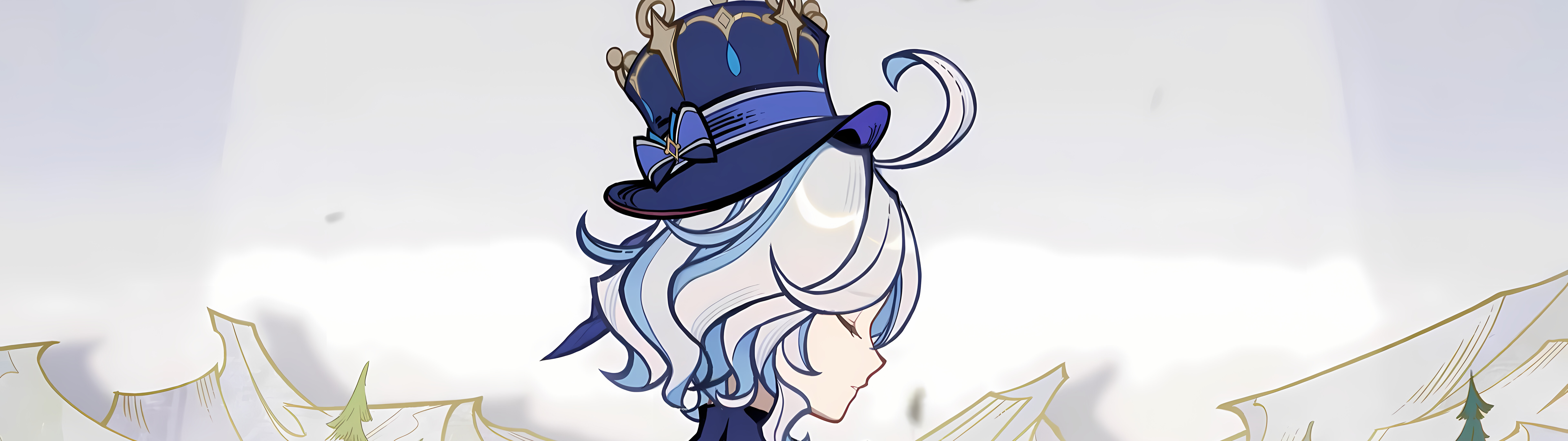 Uma representação deslumbrante de Furina, de Genshin Impact, destacando o seu elaborado traje azul e a sua aparência teatral.