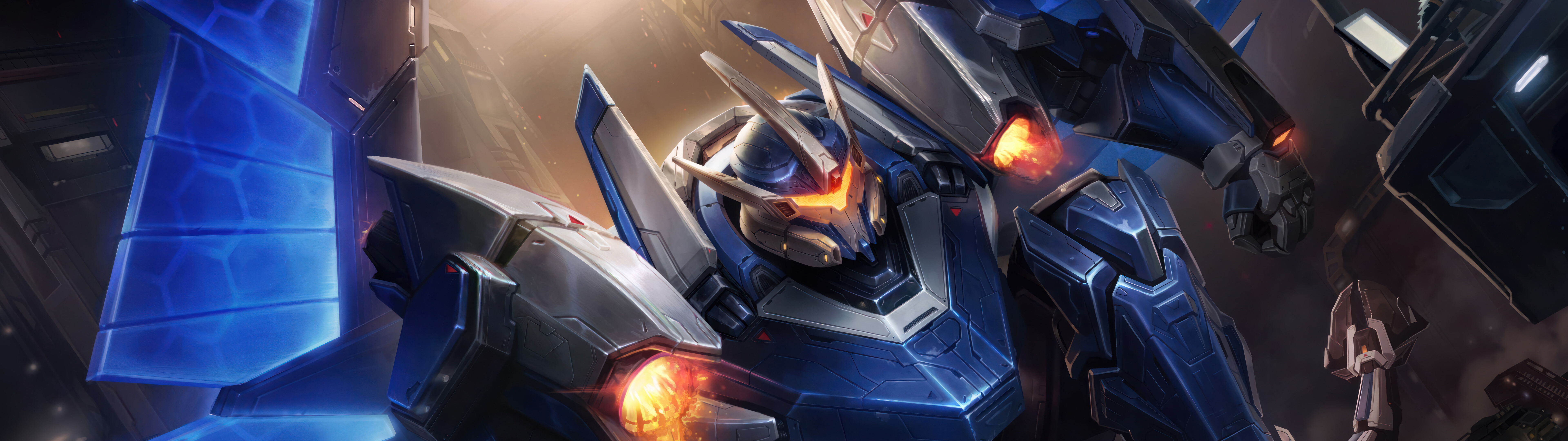 Um enorme robô no estilo «mecha», inspirado em Galio, de League of Legends, com uma armadura metálica robusta e componentes energéticos que emitem luz.