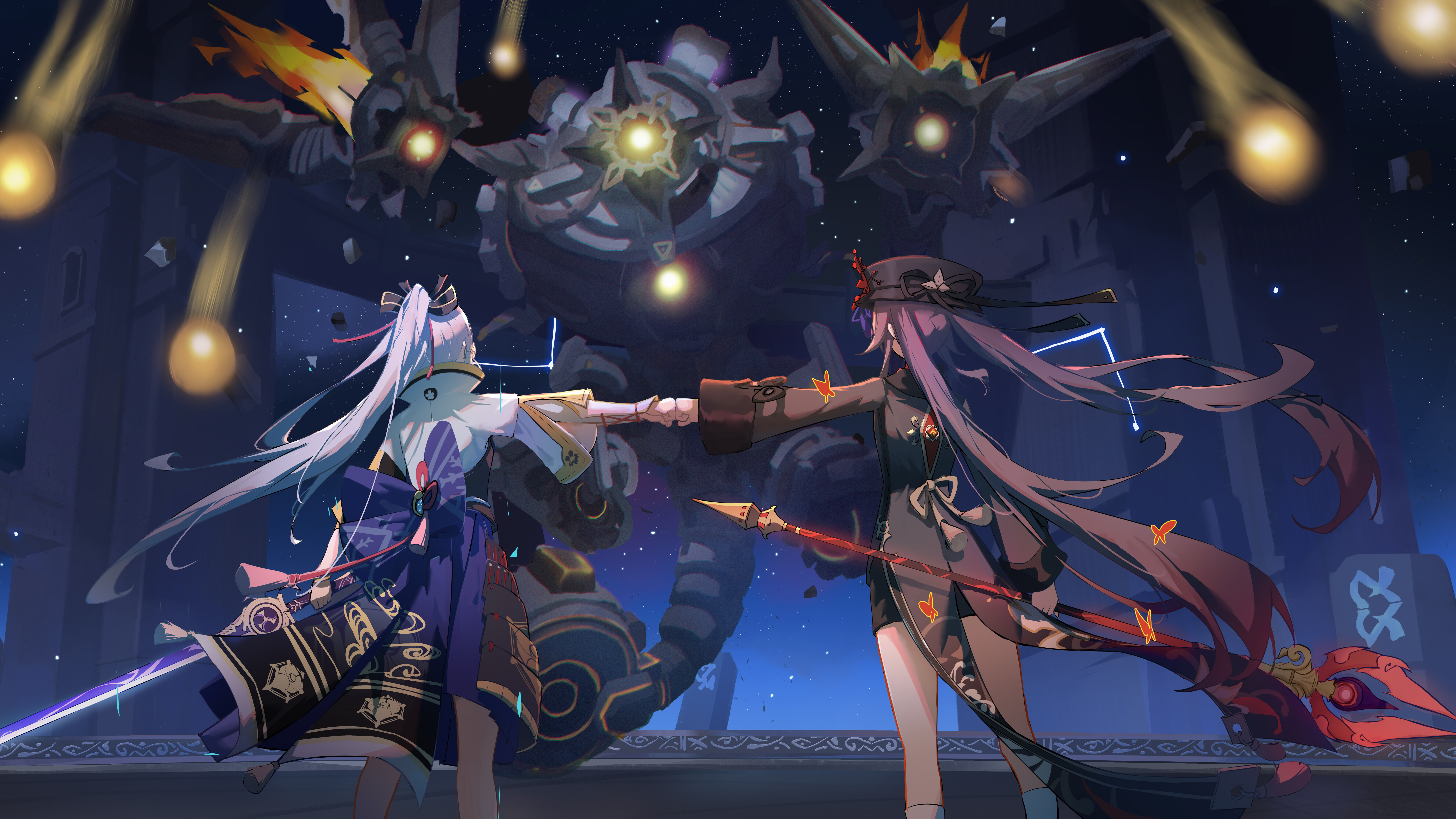 Uma representação artística de Kamisato Ayaka e Hu Tao, personagens do jogo Genshin Impact.