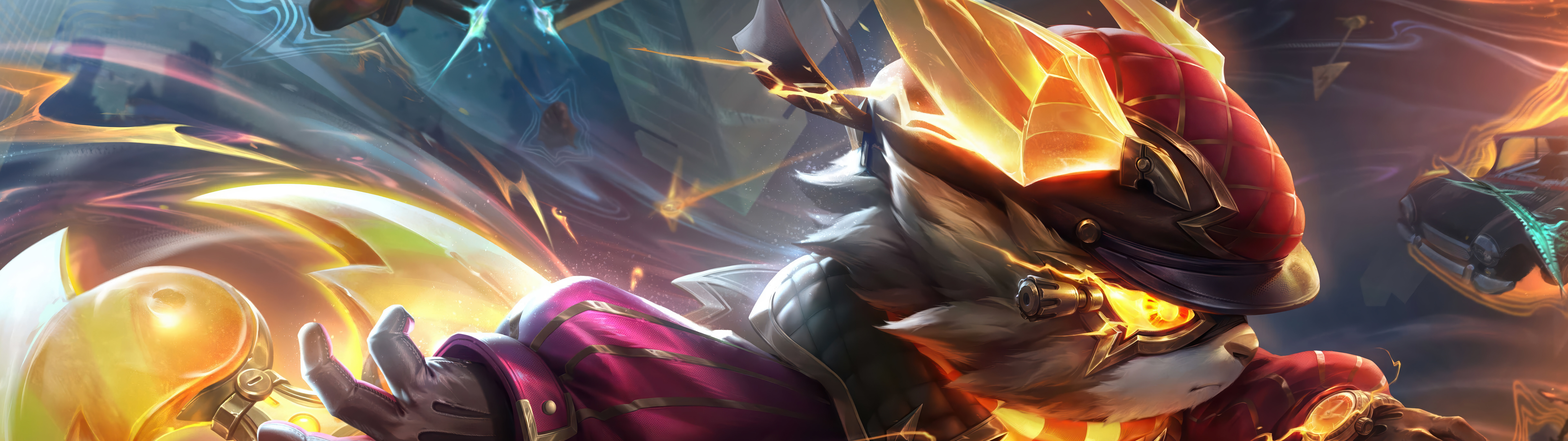 Uma ilustração dinâmica de Kennen, de League of Legends, que o retrata em ação, com faíscas elétricas e energia.