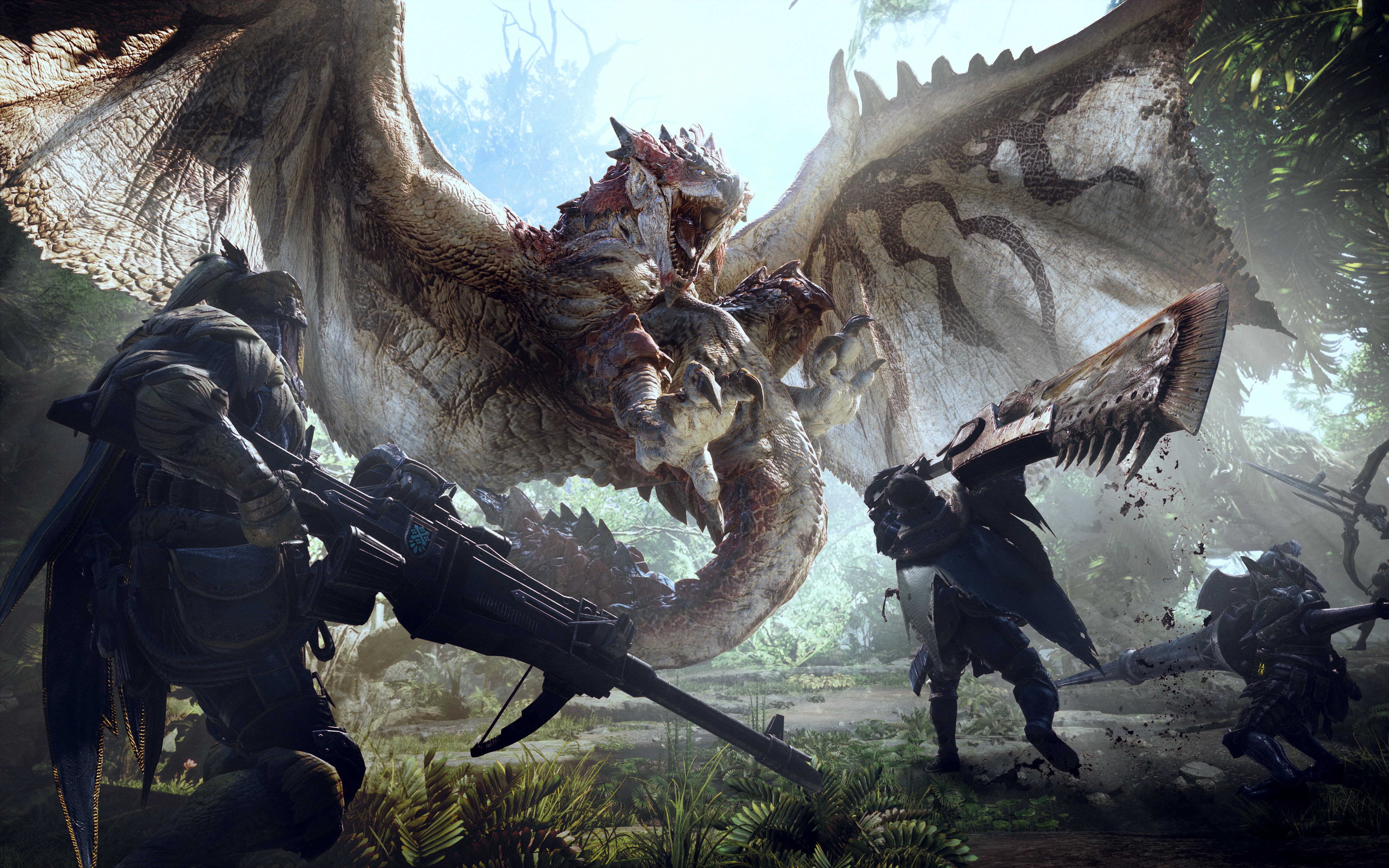 Uma imagem cinematográfica de um caçador a preparar-se para o combate contra o dragão Rathalos, do jogo Monster Hunter: World.